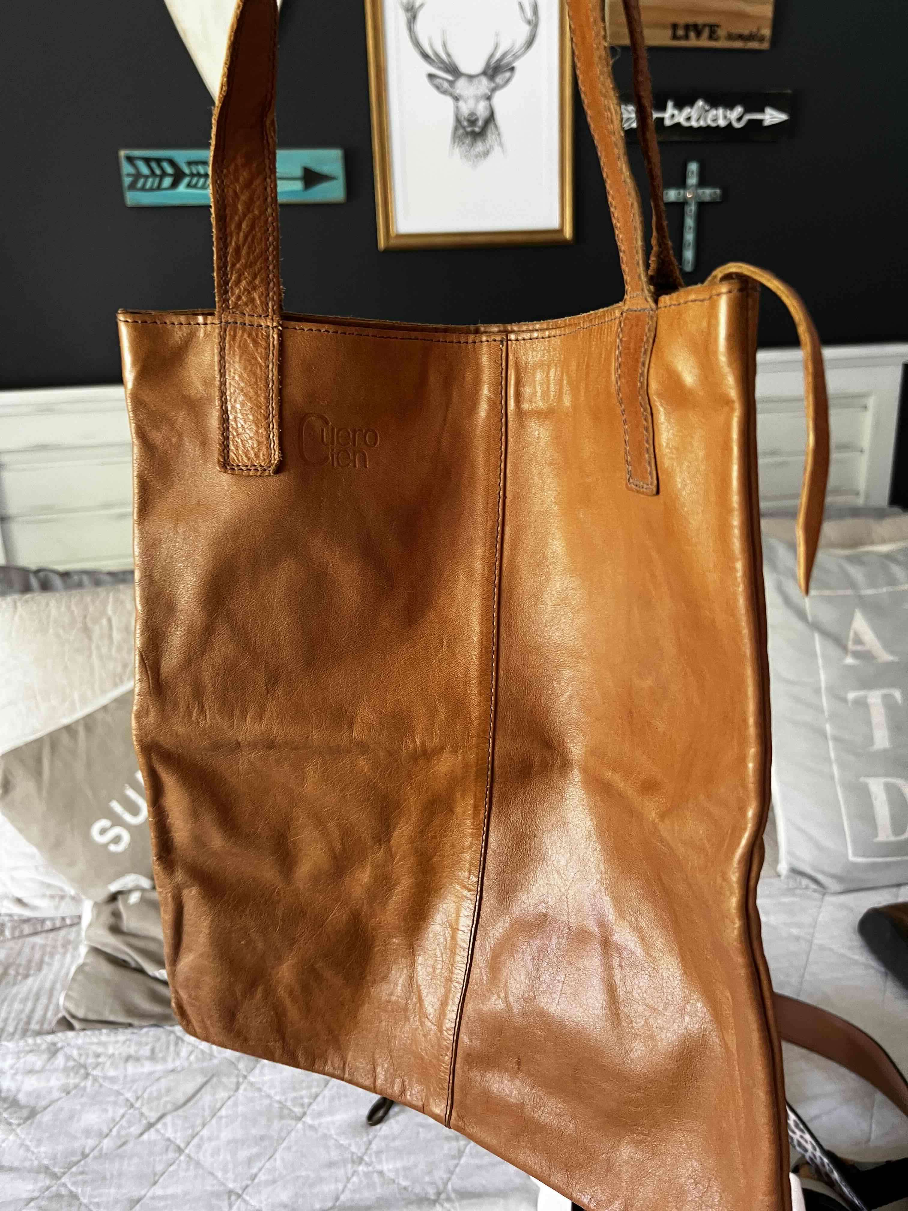 Cartera tote de cuero marrón claro - miniatura 2