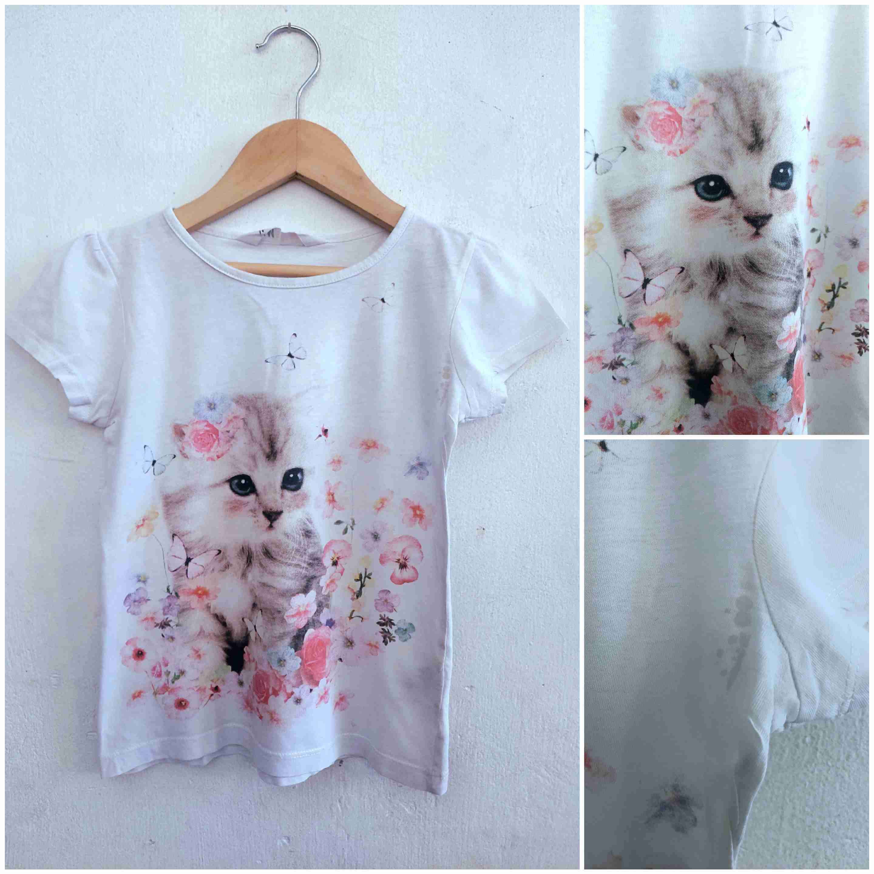 Polera blanca con dibujo de gatito