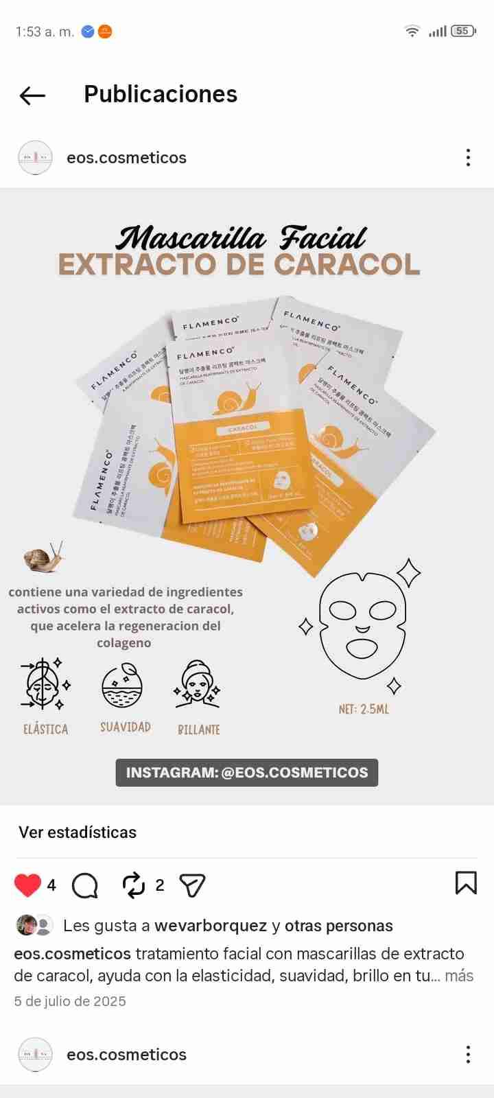 Mascarilla facial extracto de caracol