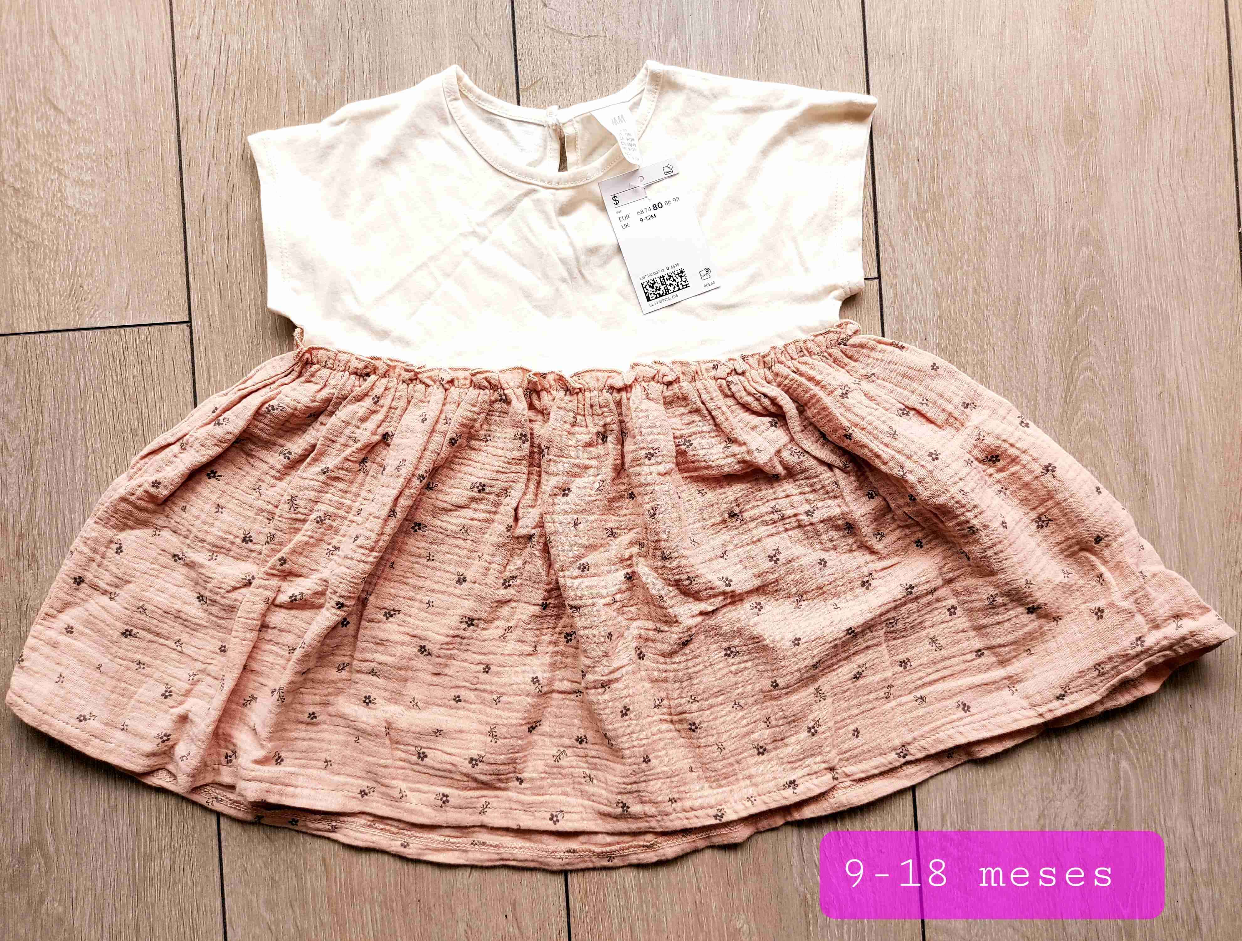 Vestido bebé 9-18 meses blanco y rosa