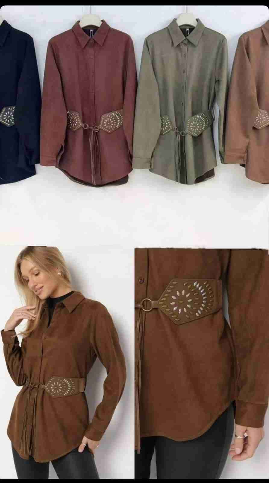 Blusa marrón con cinturón decorativo