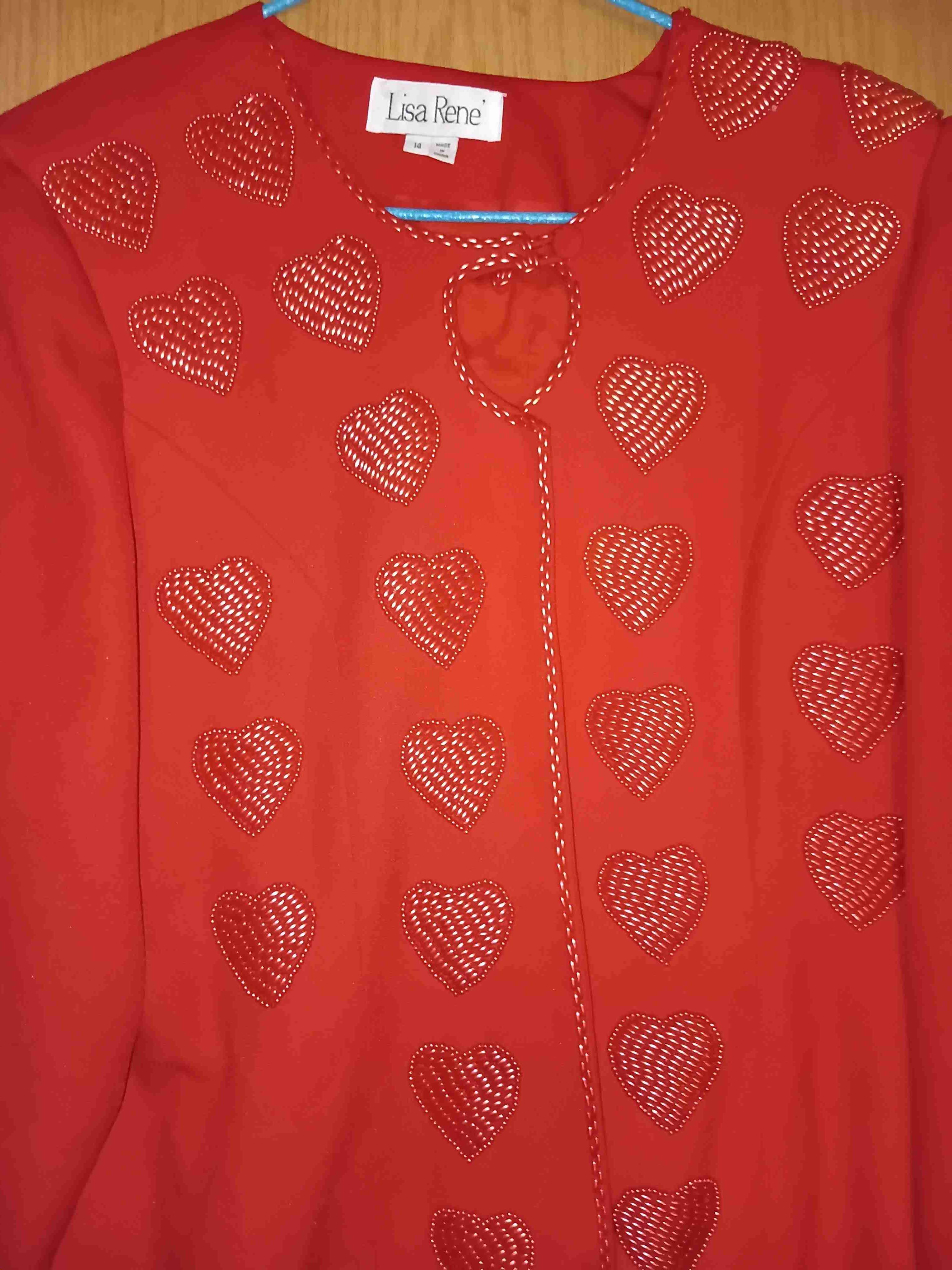 Chaqueta roja con corazones en hilo de seda, L - miniatura 2
