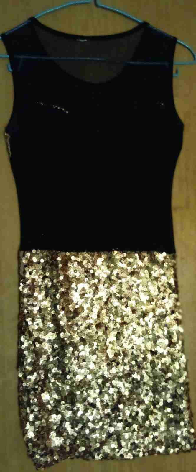 Vestido corto con lentejuelas doradas, talla S - miniatura 2