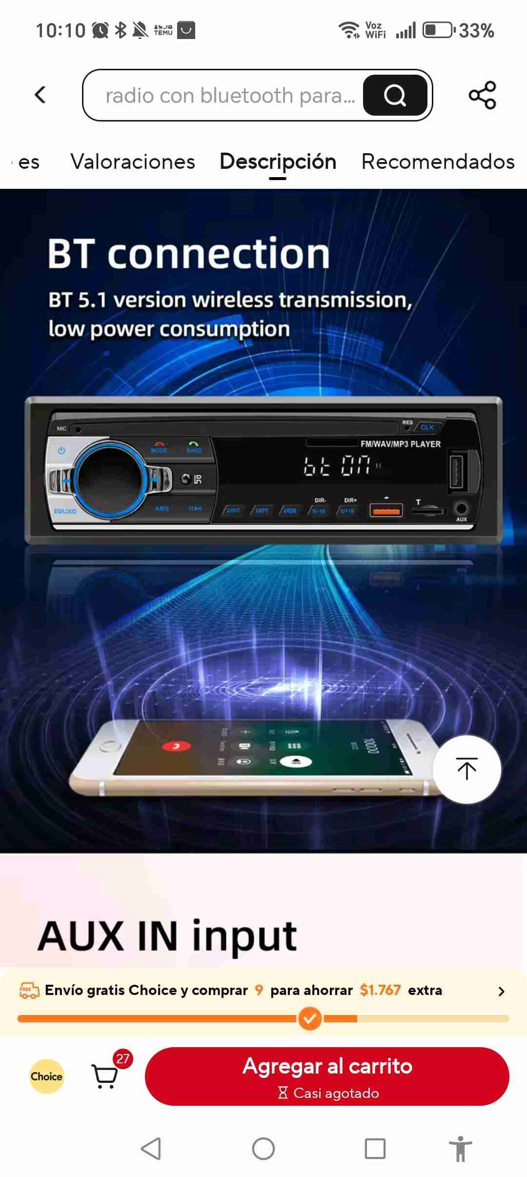 Radio 1din Auto Azul/negro Bluetooth, Usb, Aux Y M - miniatura 2