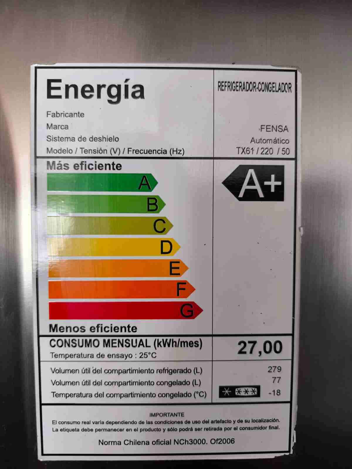 Refrigerador Fensa A+ eficiente