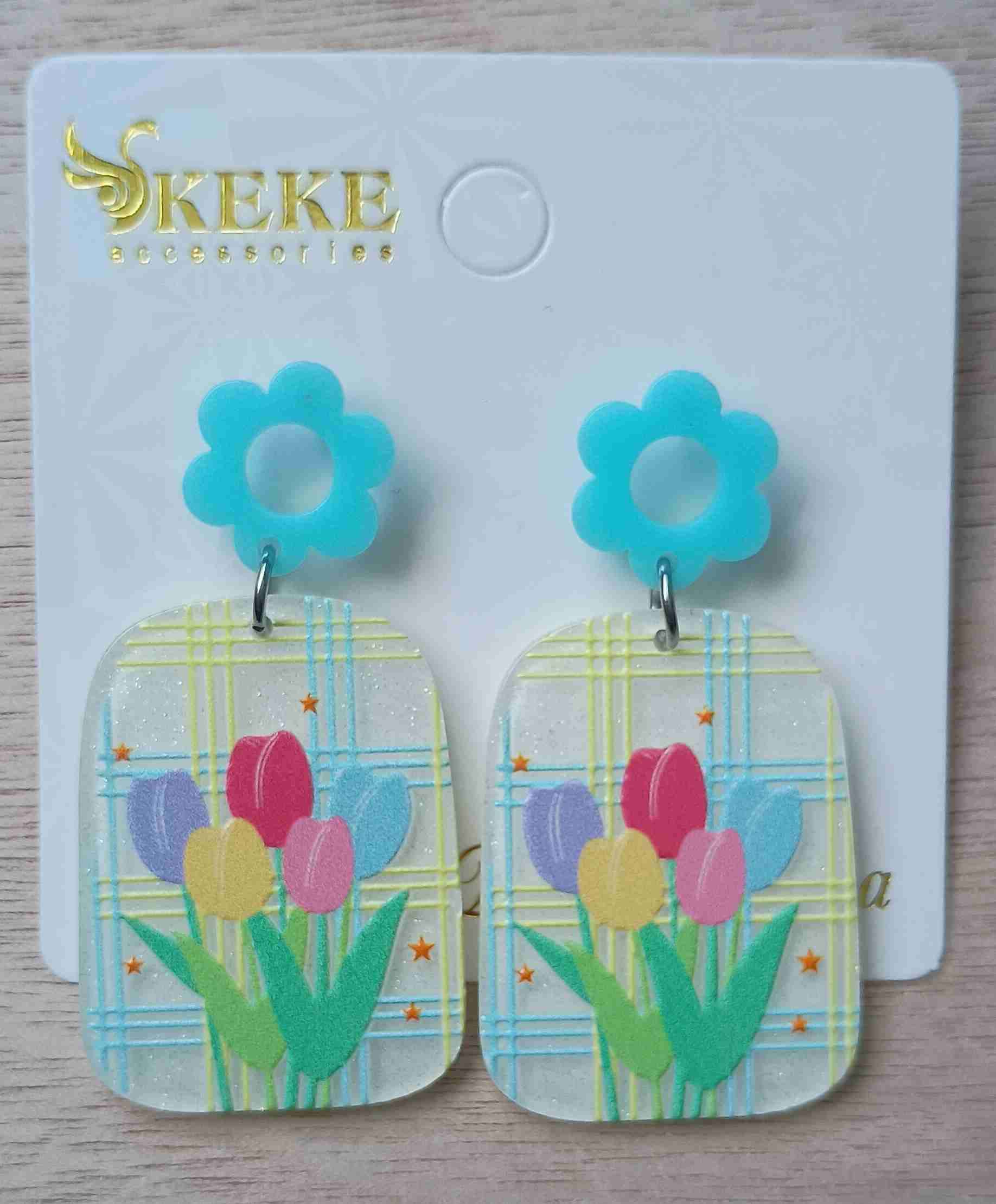 Aros colgantes azules y rosados - miniatura 4