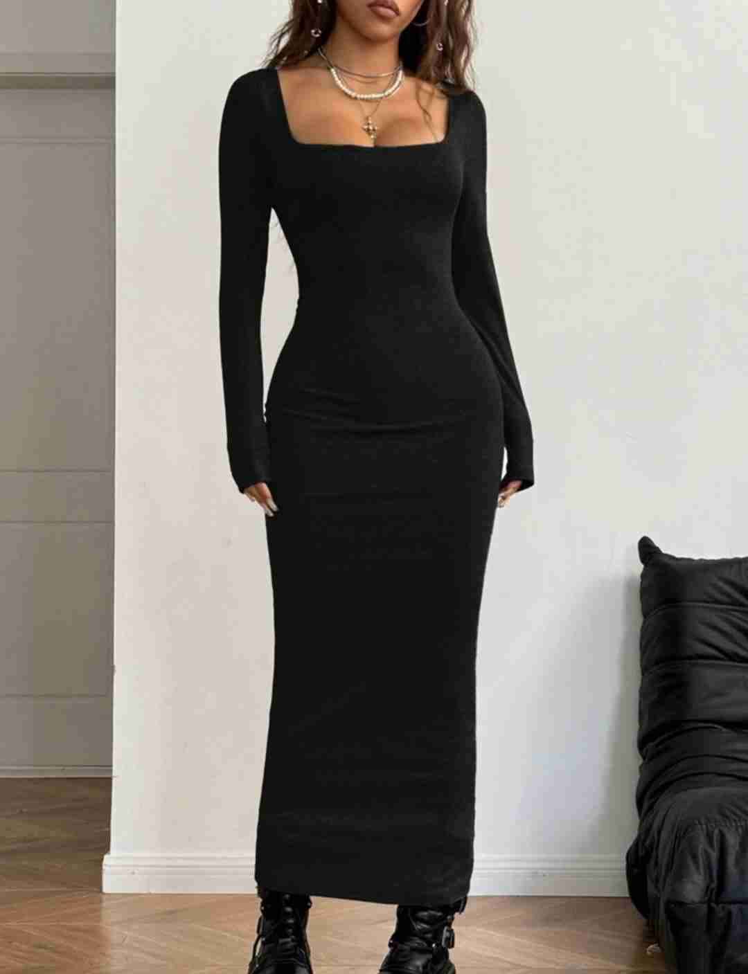 Vestido negro ajustado manga larga - miniatura 3