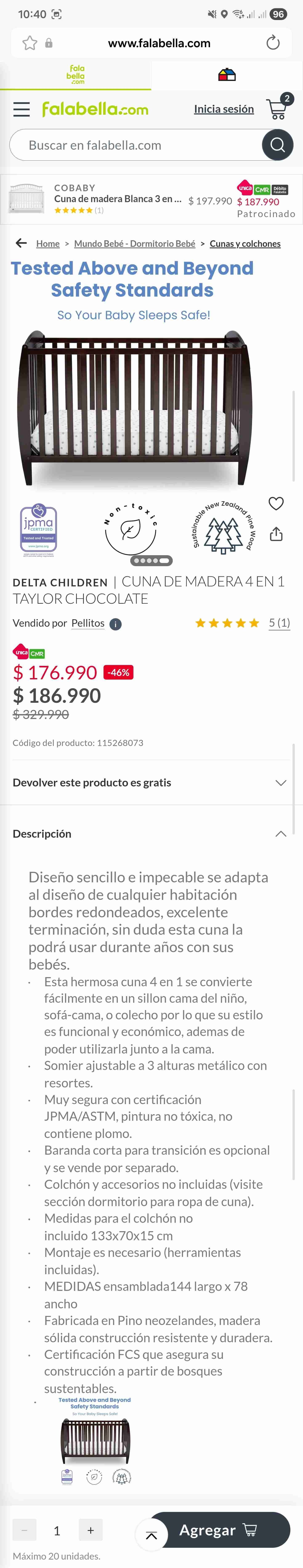 Cuna de madera para bebé (incluye colchón) - miniatura 5