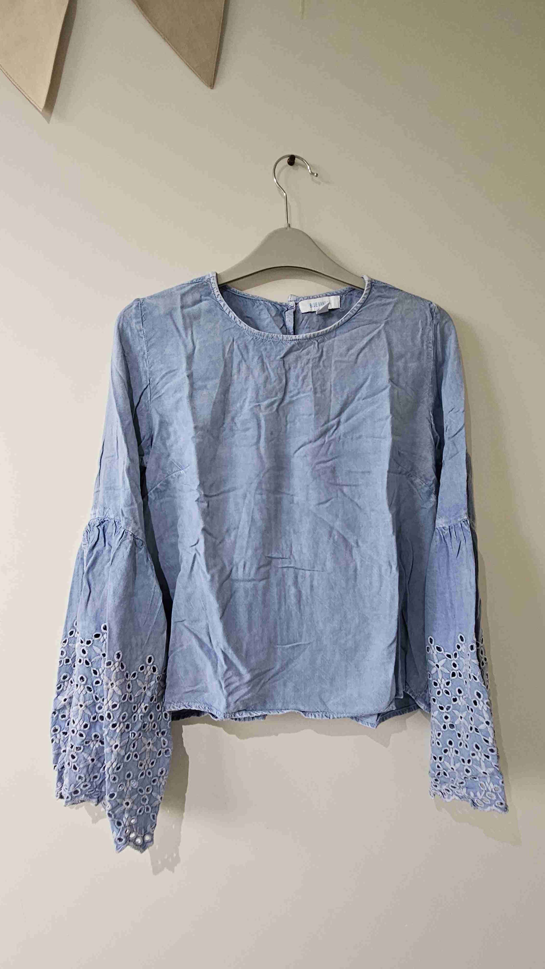 Blusa azul con mangas bordadas