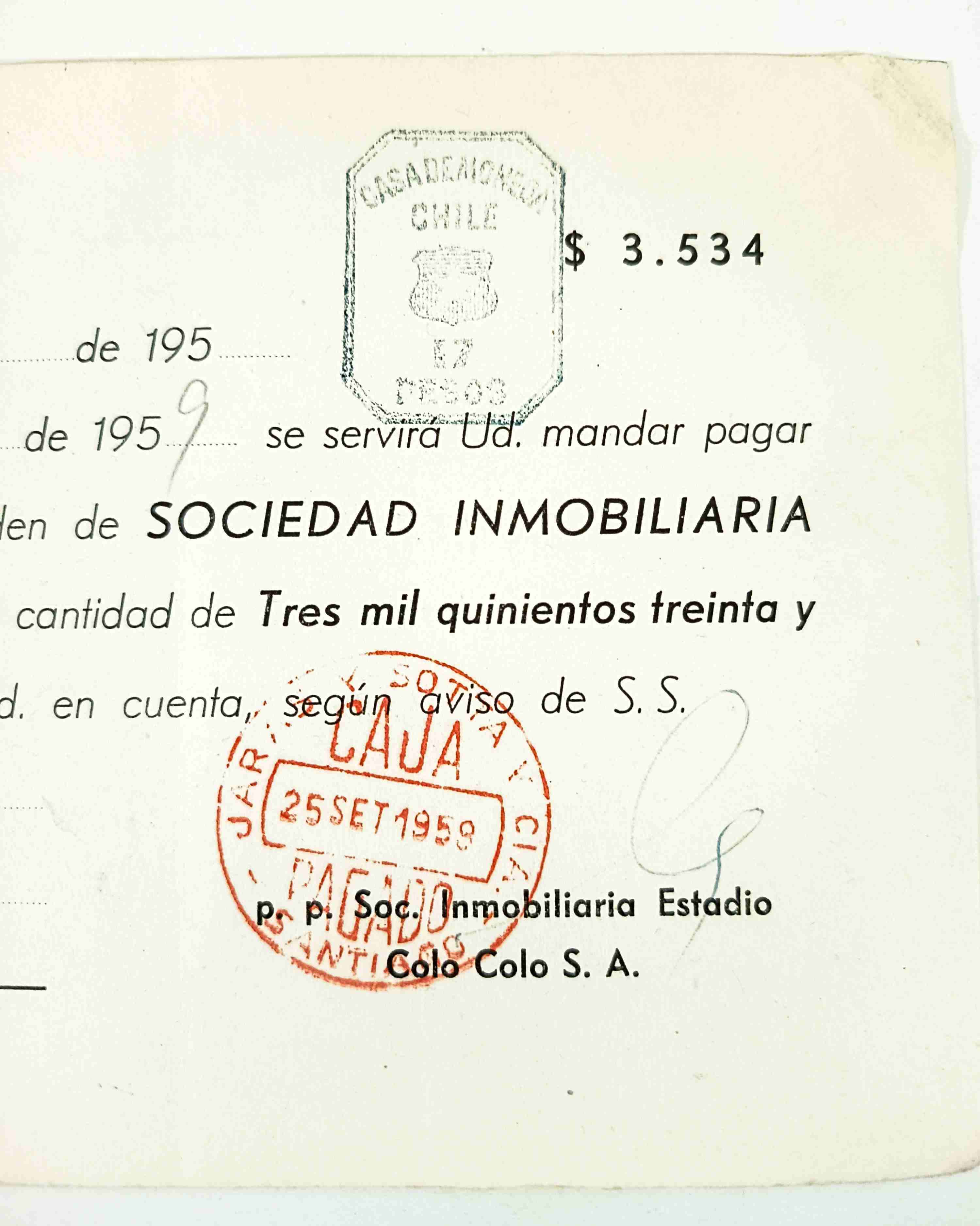 Antigua letra de cambio, Estadio Colo Colo. - miniatura 3