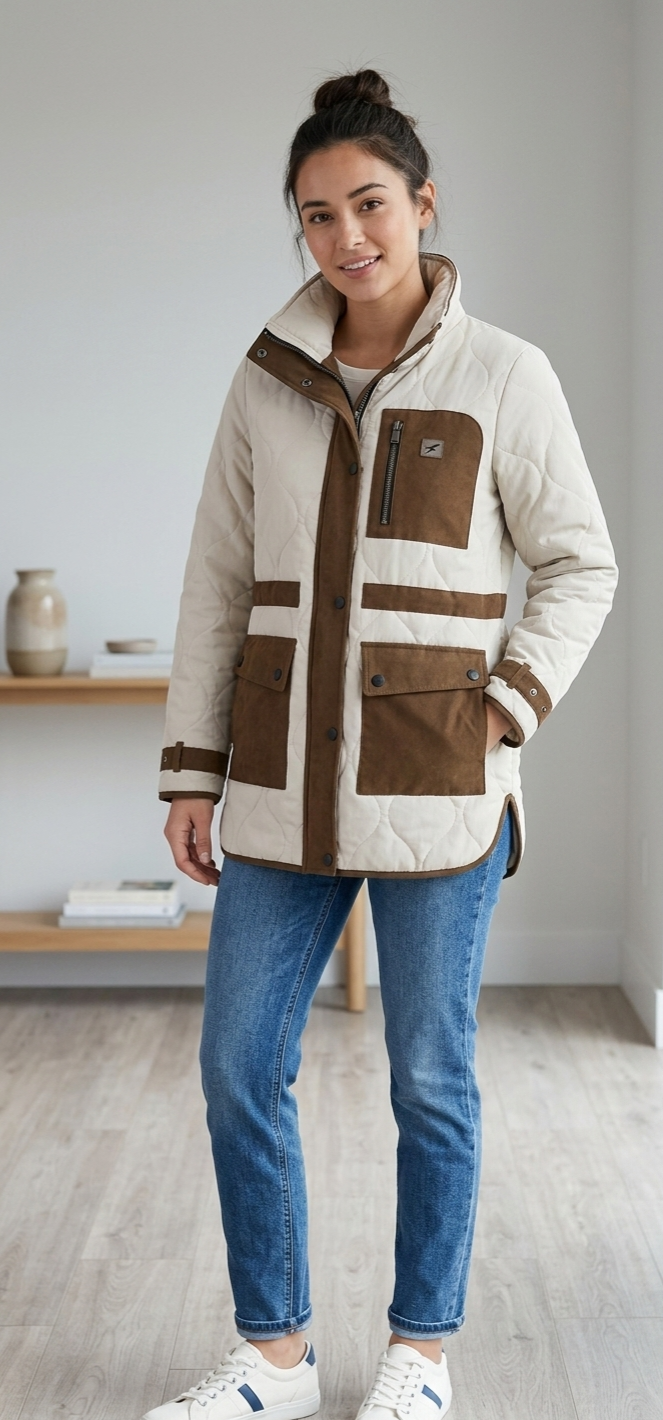 Chaqueta acolchada beige y marrón