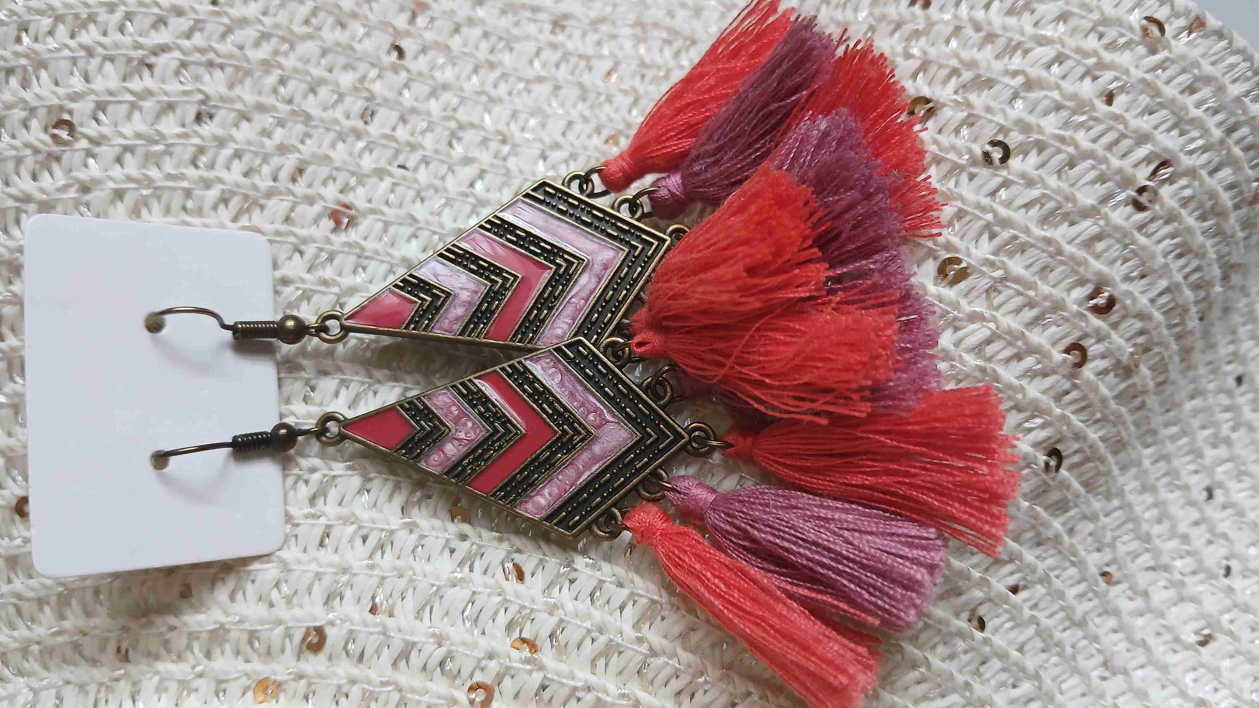 Aros colgantes con flecos rojos - miniatura 2