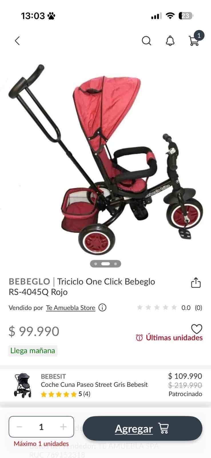 Triciclo One Click Bebeglo Rojo