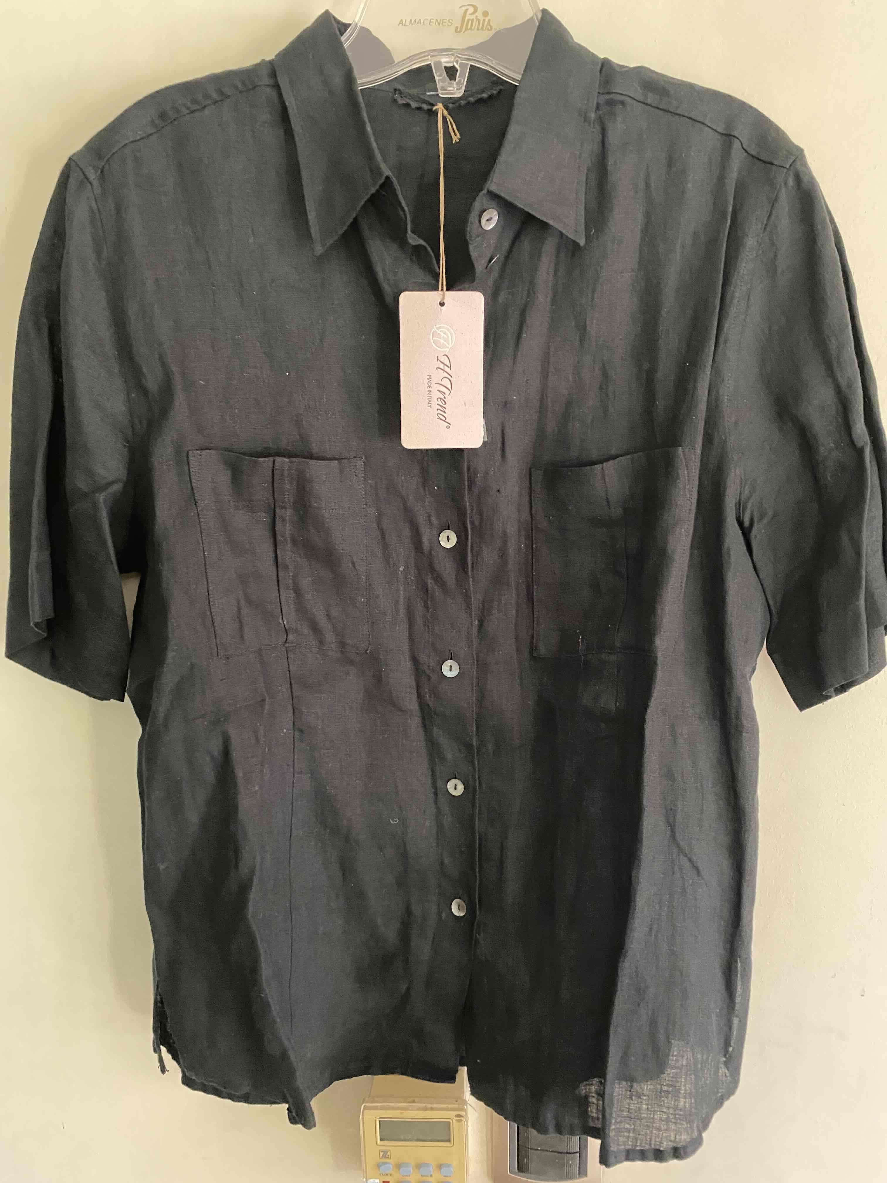 Blusa lino  negra manga corta con etiqueta - miniatura 2