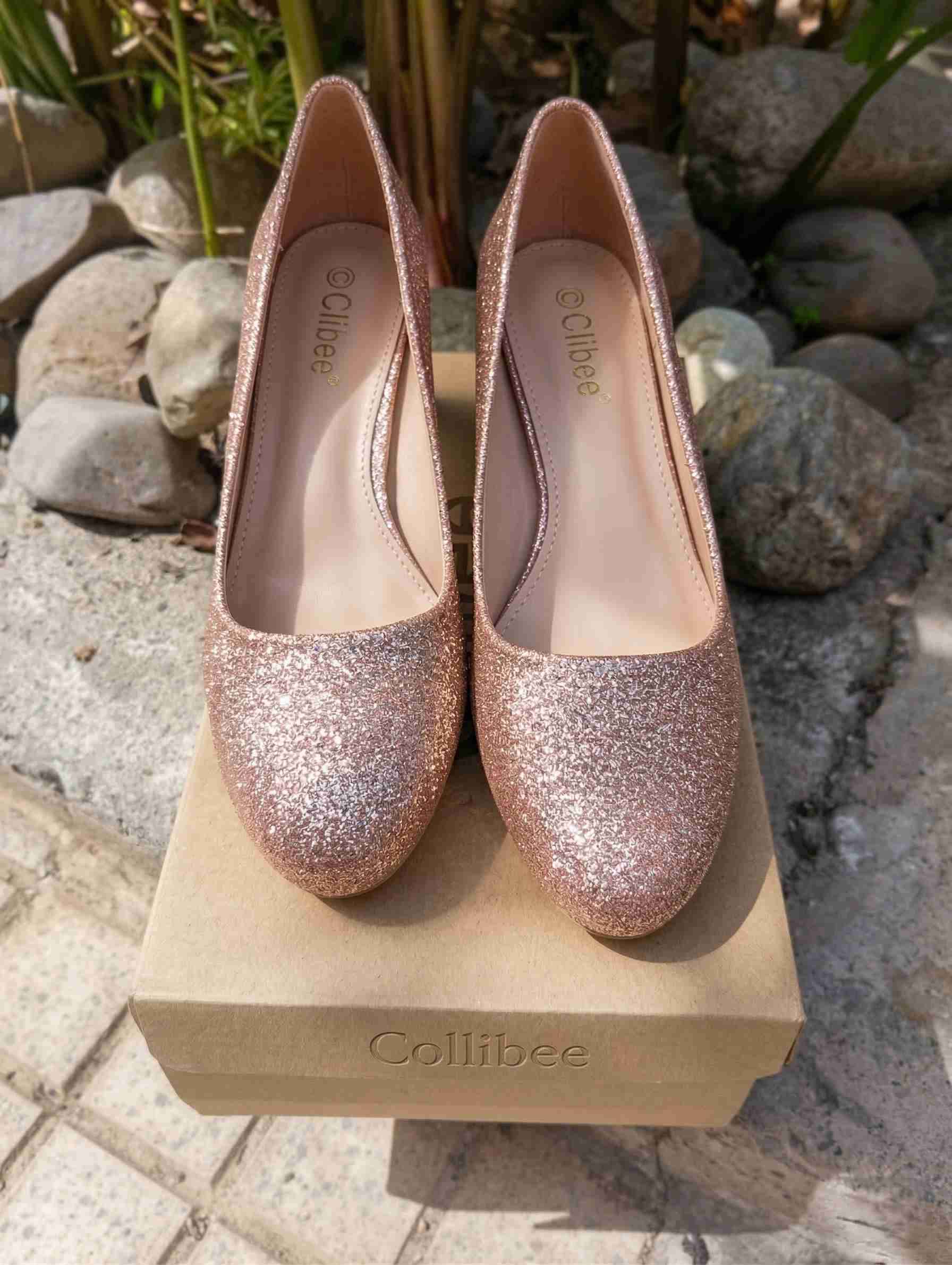 Zapatos glitter rosado con taco - miniatura 3