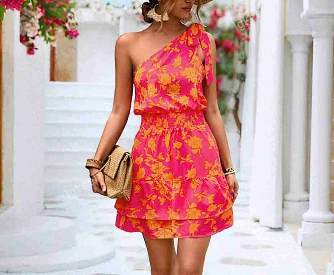 Vestido un hombro floral anaranjado