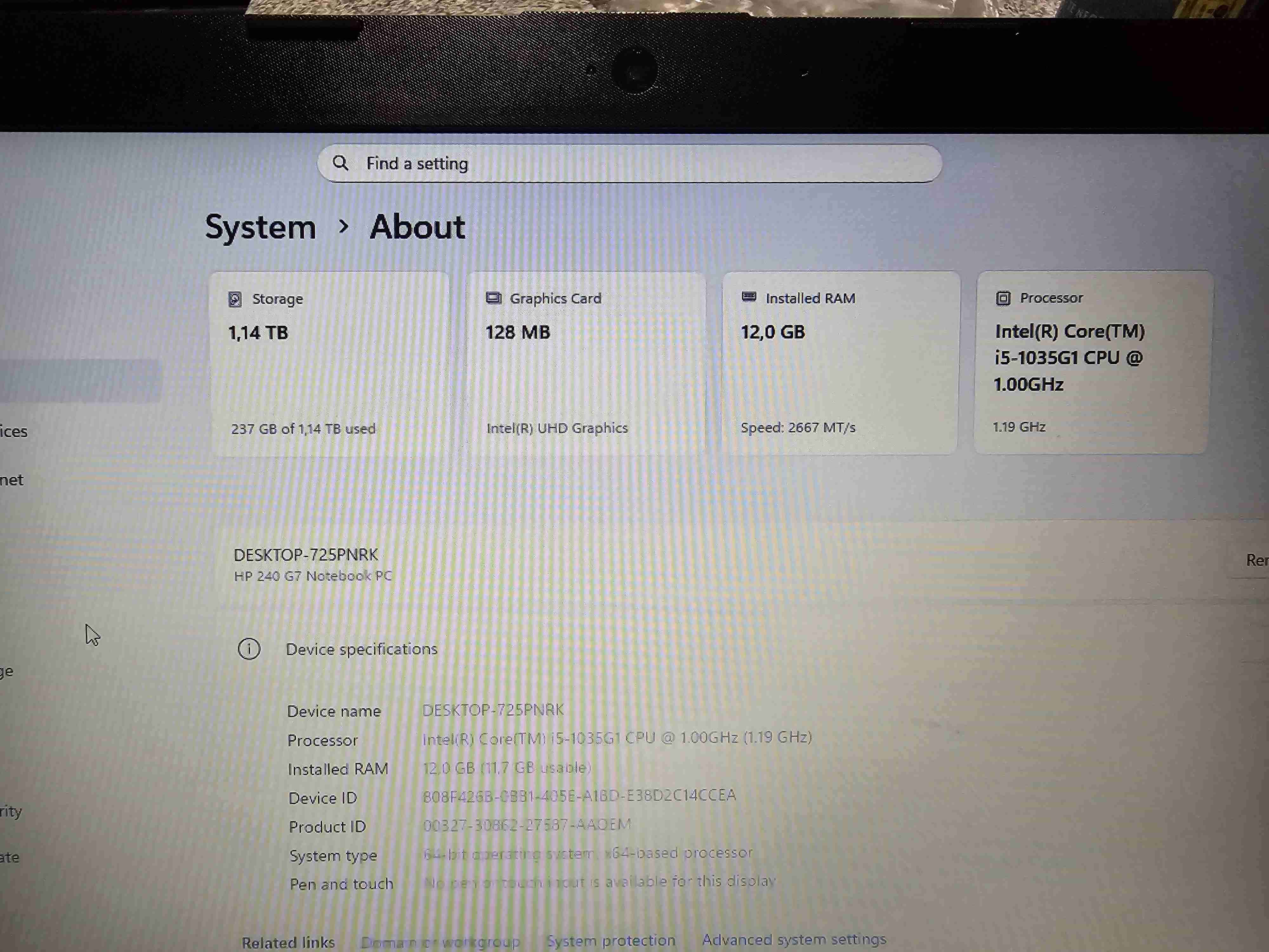 Notebook HP 240 G7, i5 10ma, 12GB Ram