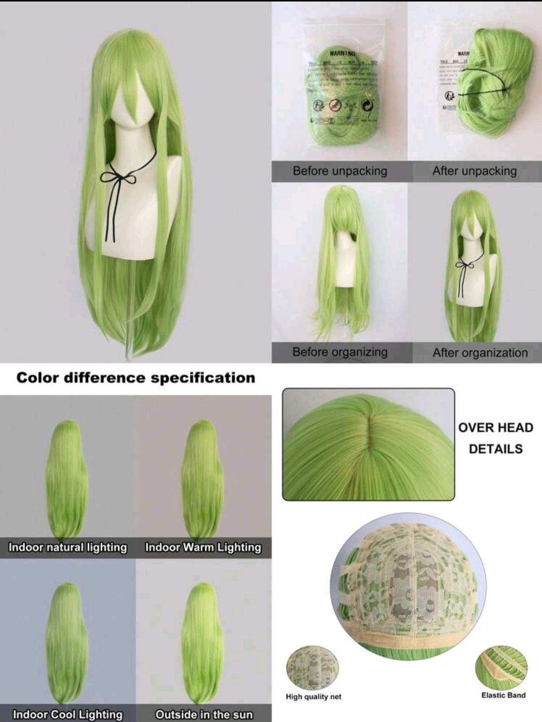 Peluca verde larga cosplay