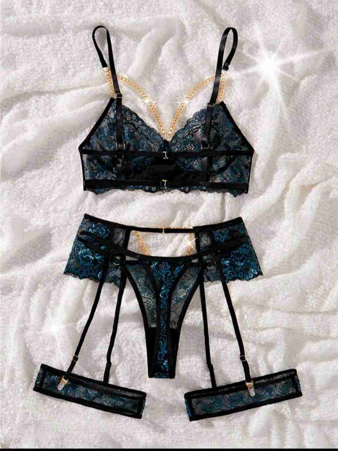 Conjunto lencería encaje negro y azul - miniatura 4