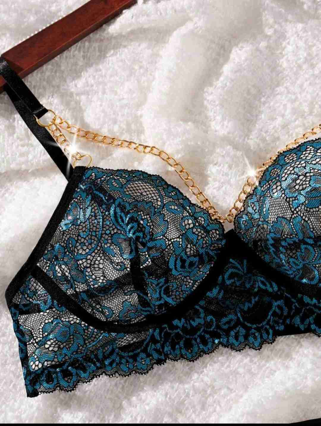 Conjunto lencería encaje negro y azul - miniatura 6