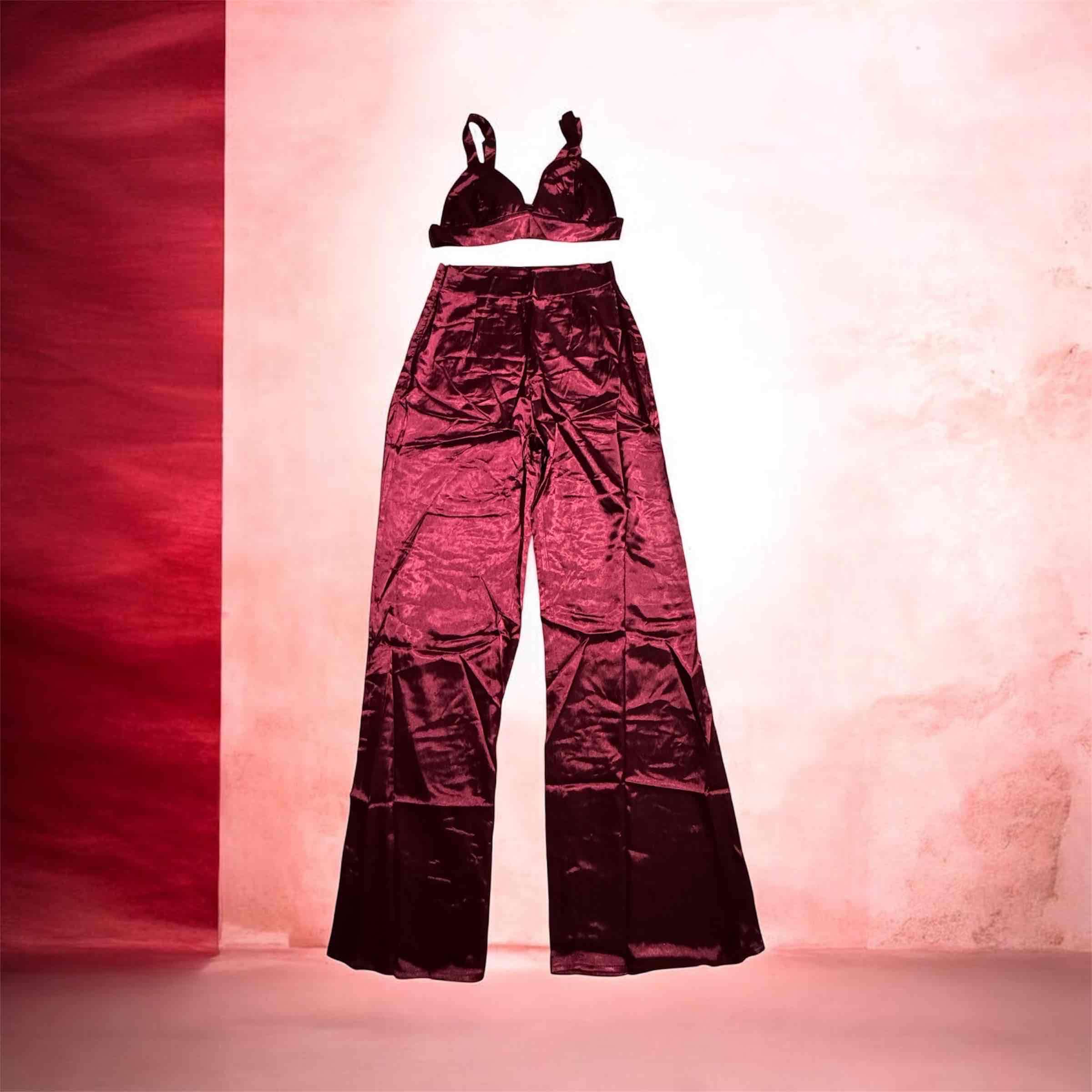 Conjunto verde y burdeo, satén, ecocuero y lanilla - miniatura 5