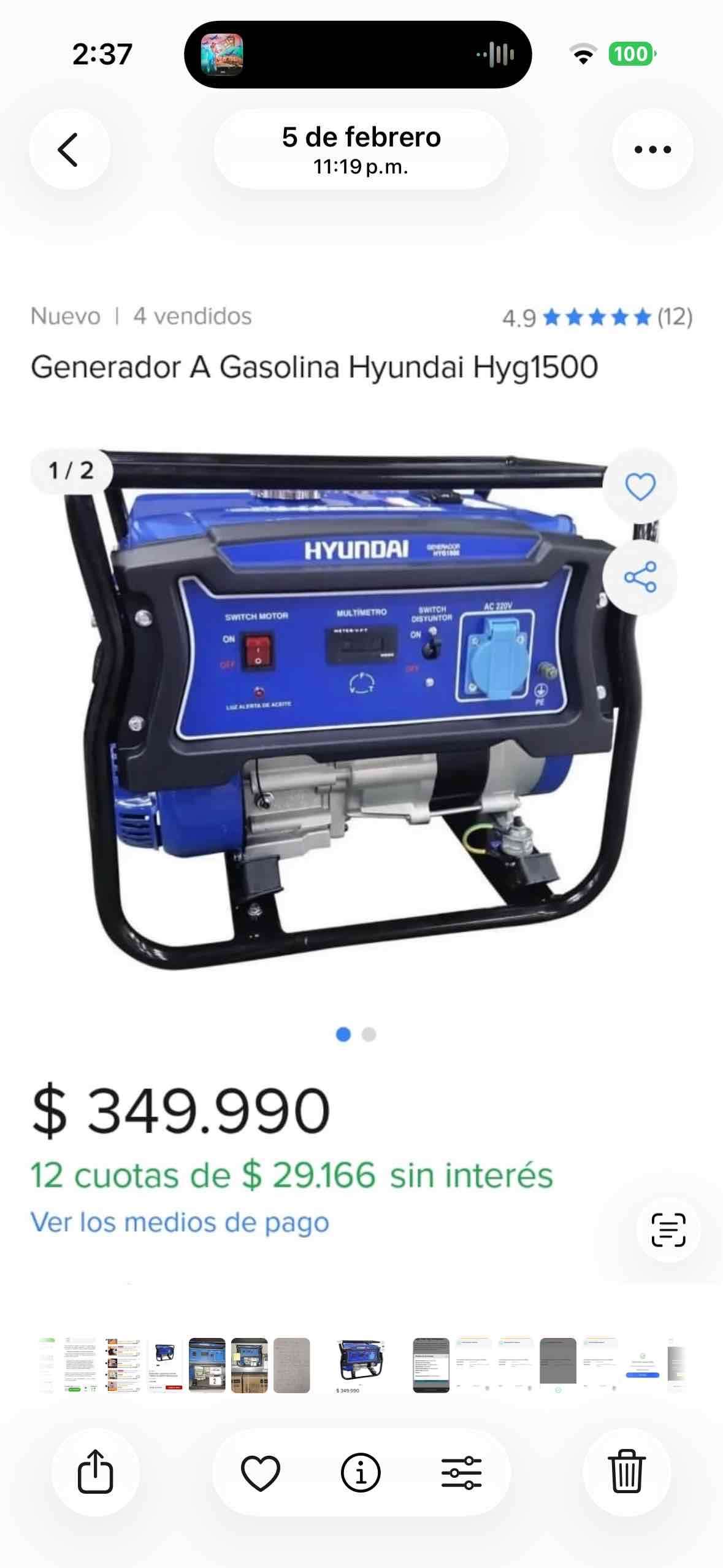 Generador a gasolina Hyundai Hyg1500