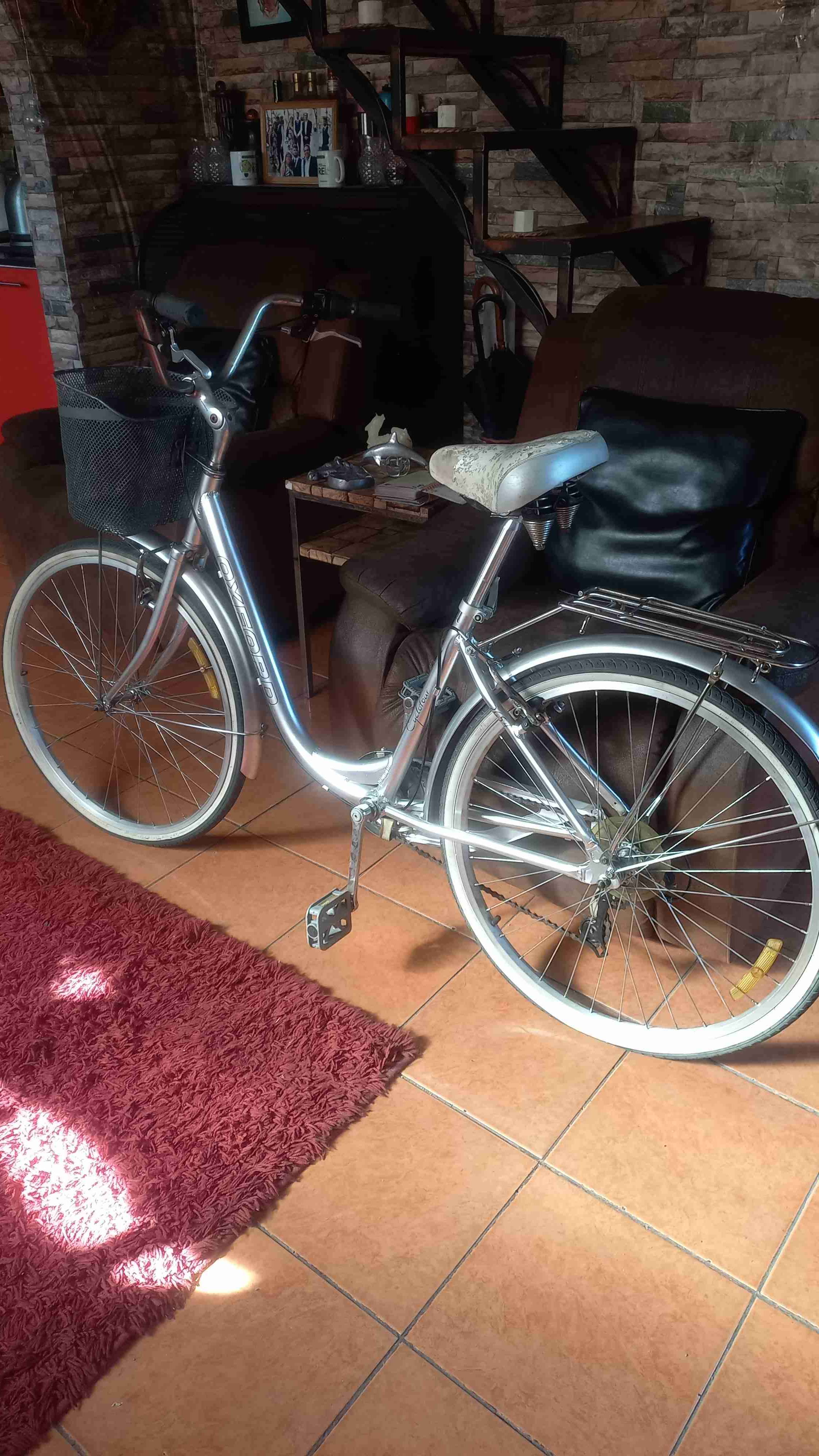 Bicicleta urbana plateada con canasto