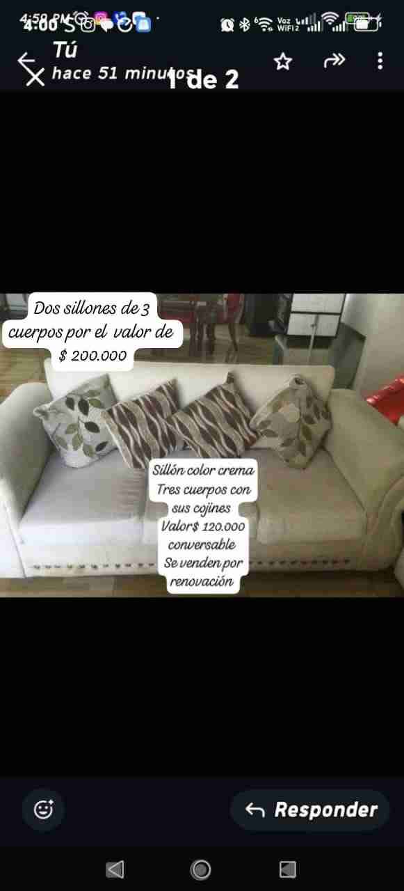 Sofá crema tres cuerpos - miniatura 2