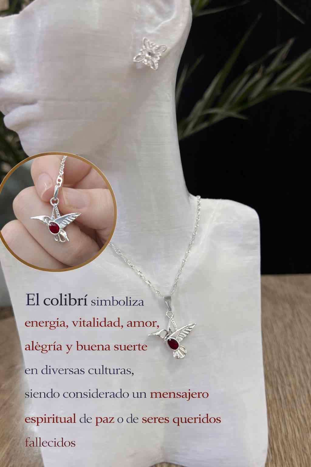 Collar colibrí plata con piedra roja