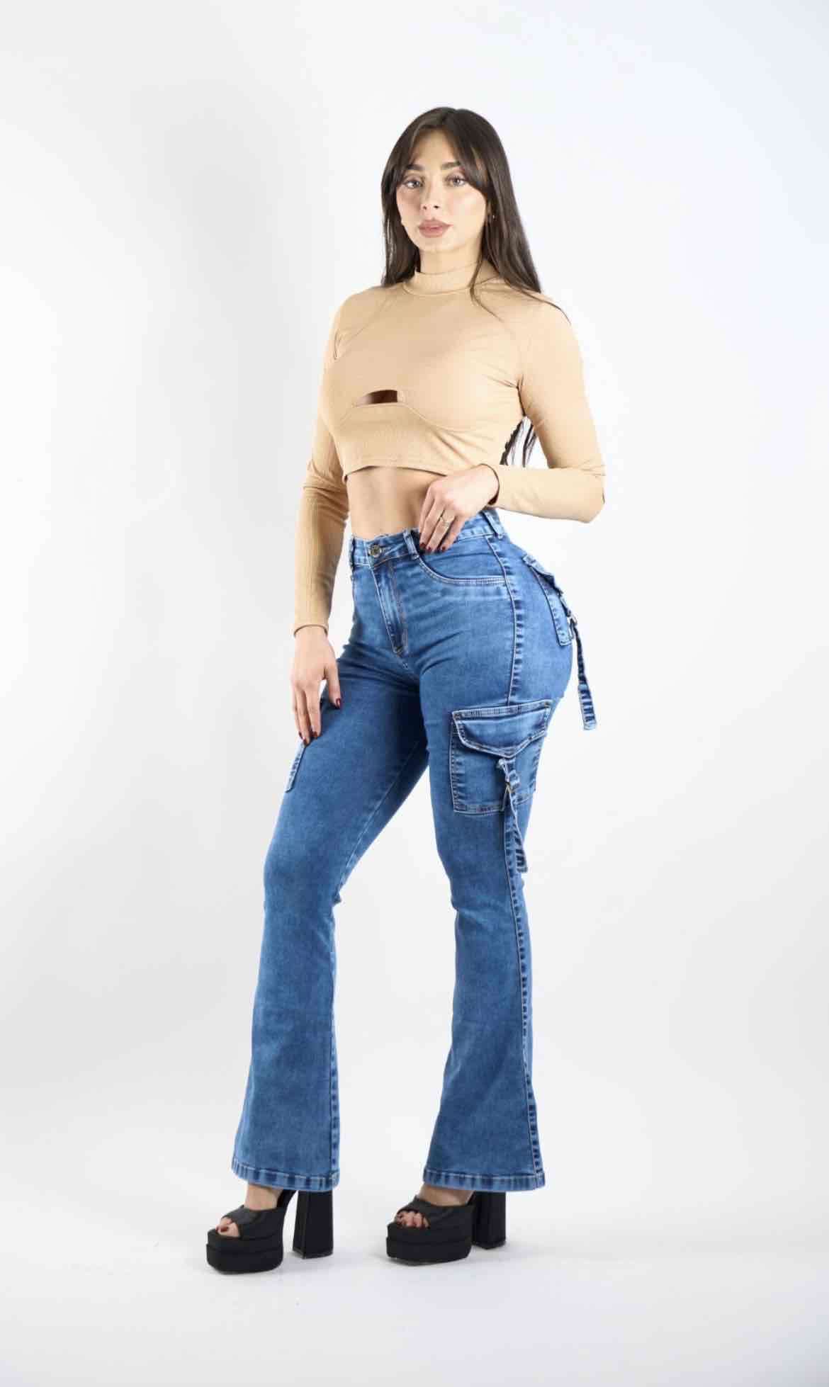 Jeans cargo azul dama