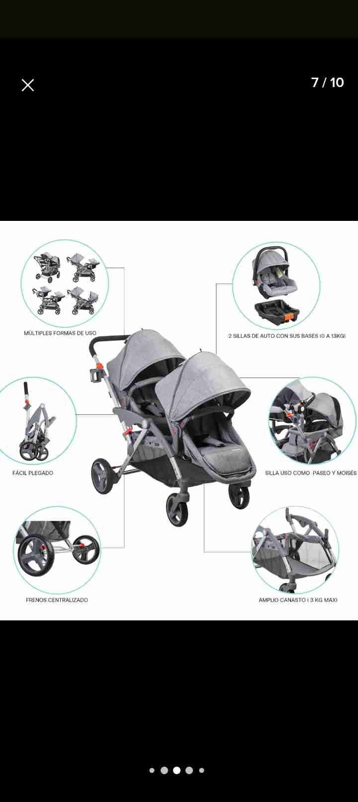 Coche gemelar gris plegable