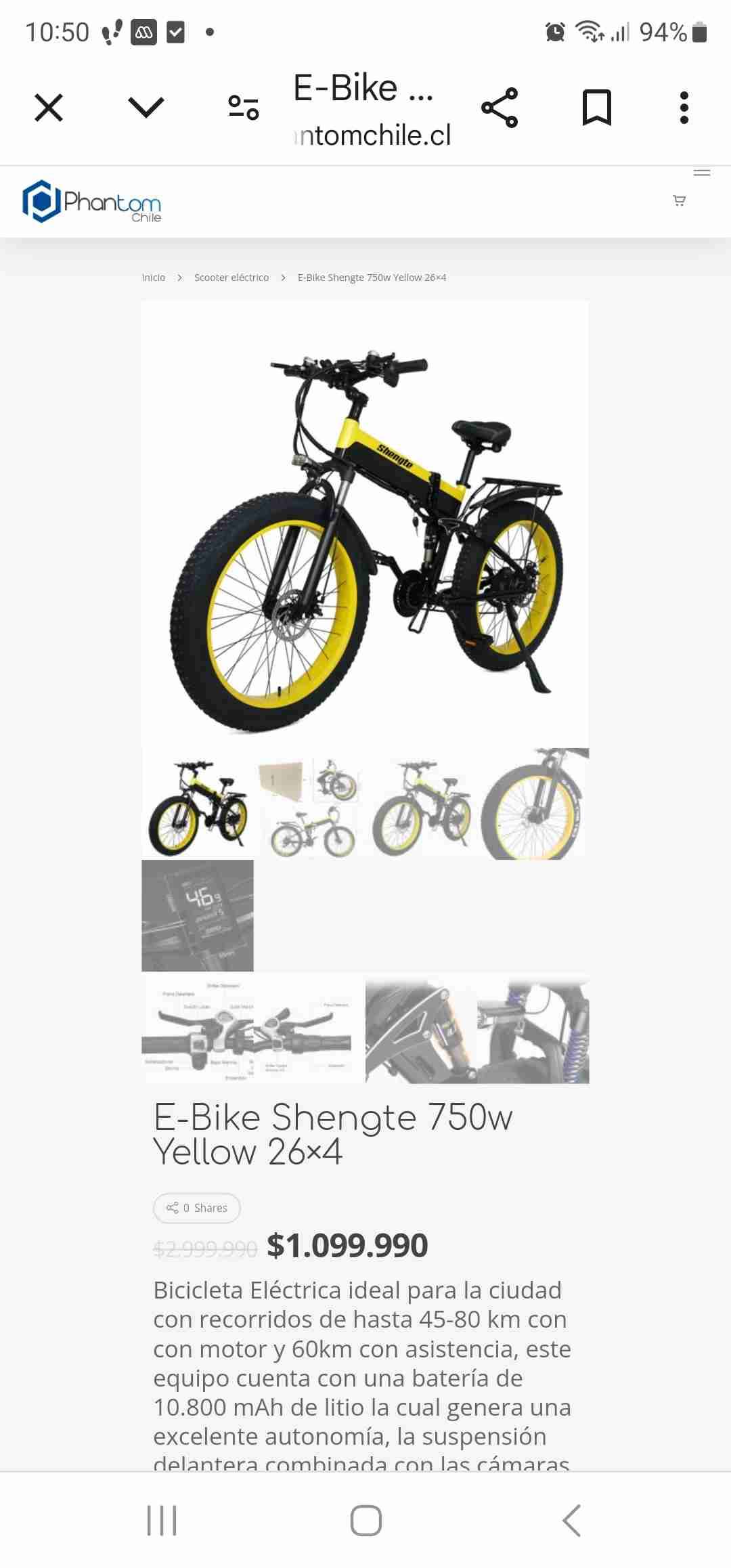 Bicicleta Eléctrica Shengte 750w Amarilla