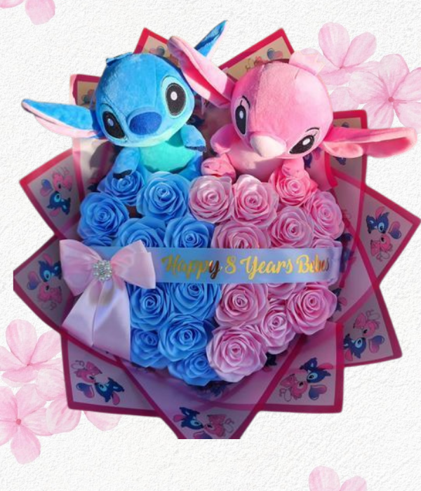 Ramo de jabón en 50 rosas y 2 peluches sticht