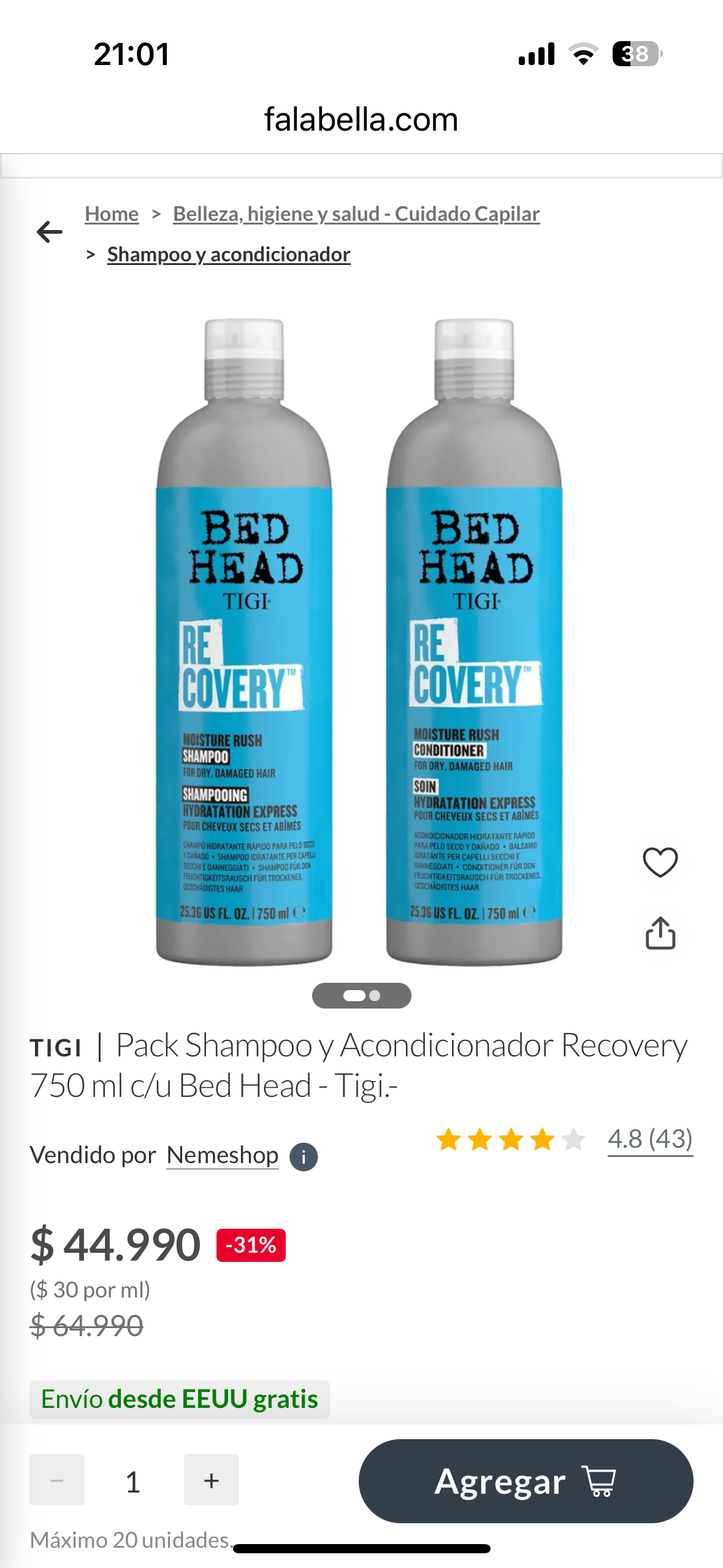 Kit shampoo y acondicionador Recovery TIGI - miniatura 5