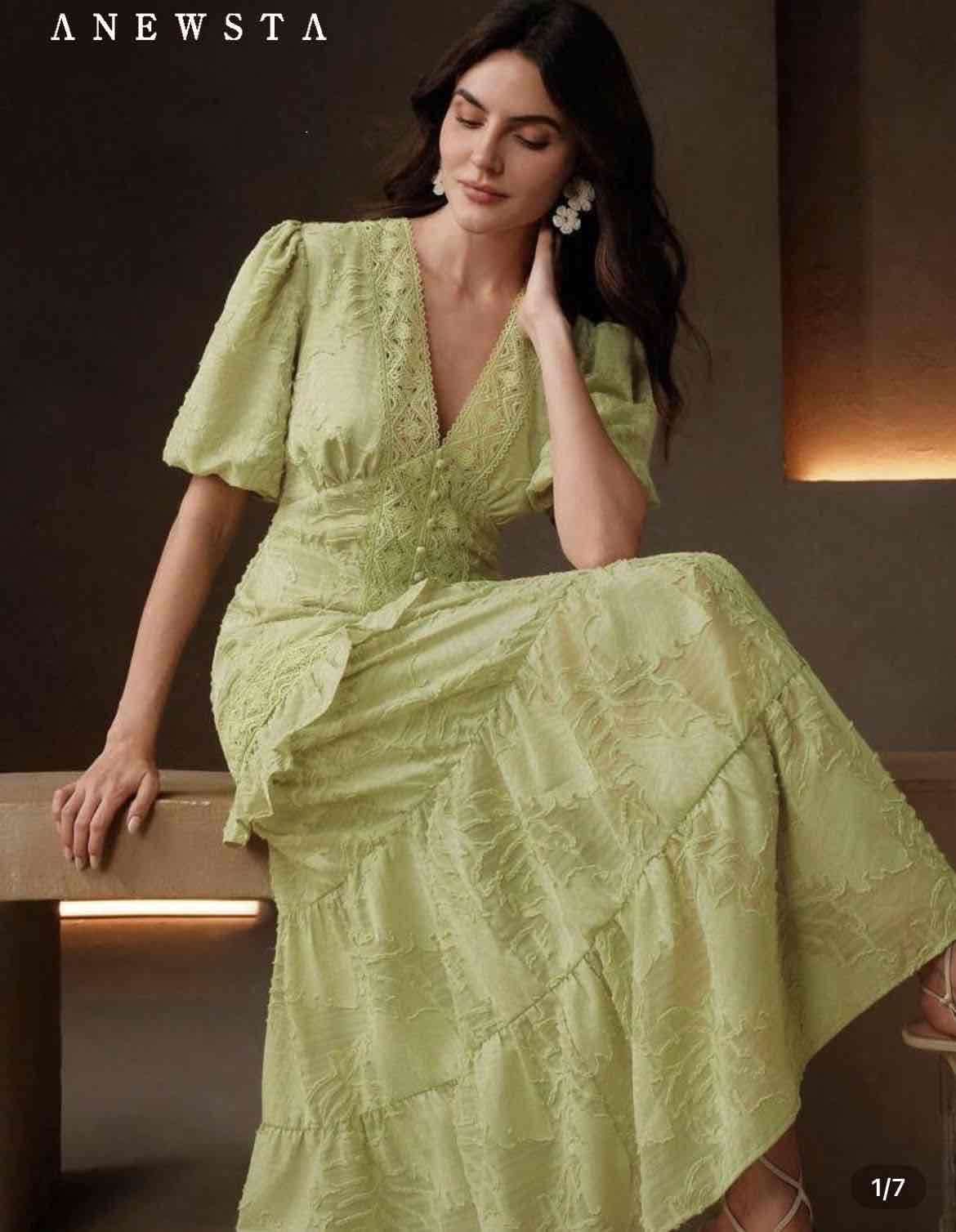 Vestido largo verde con encaje - miniatura 2