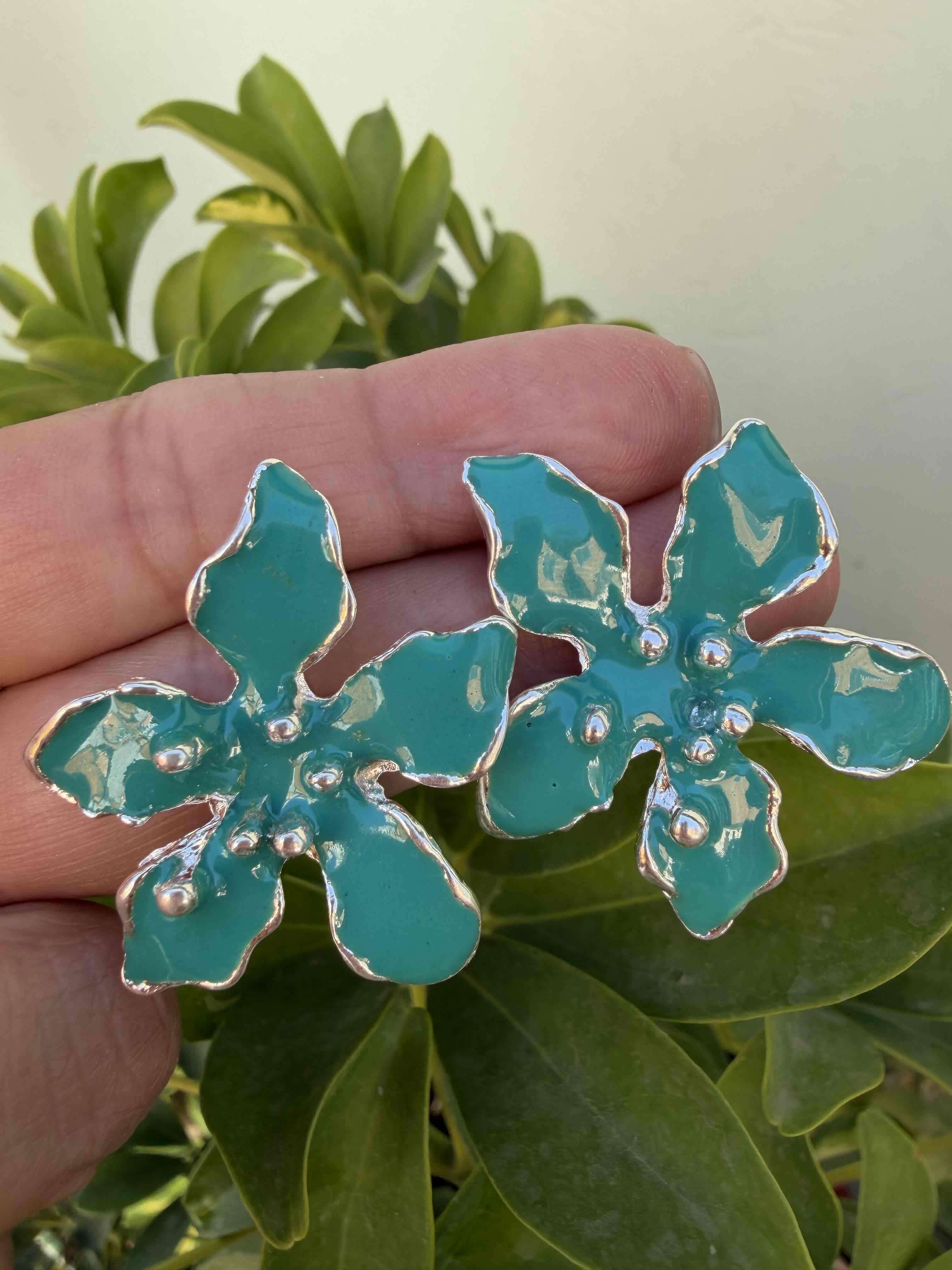 Aros flor azul turquesa peltre esmaltado - 1