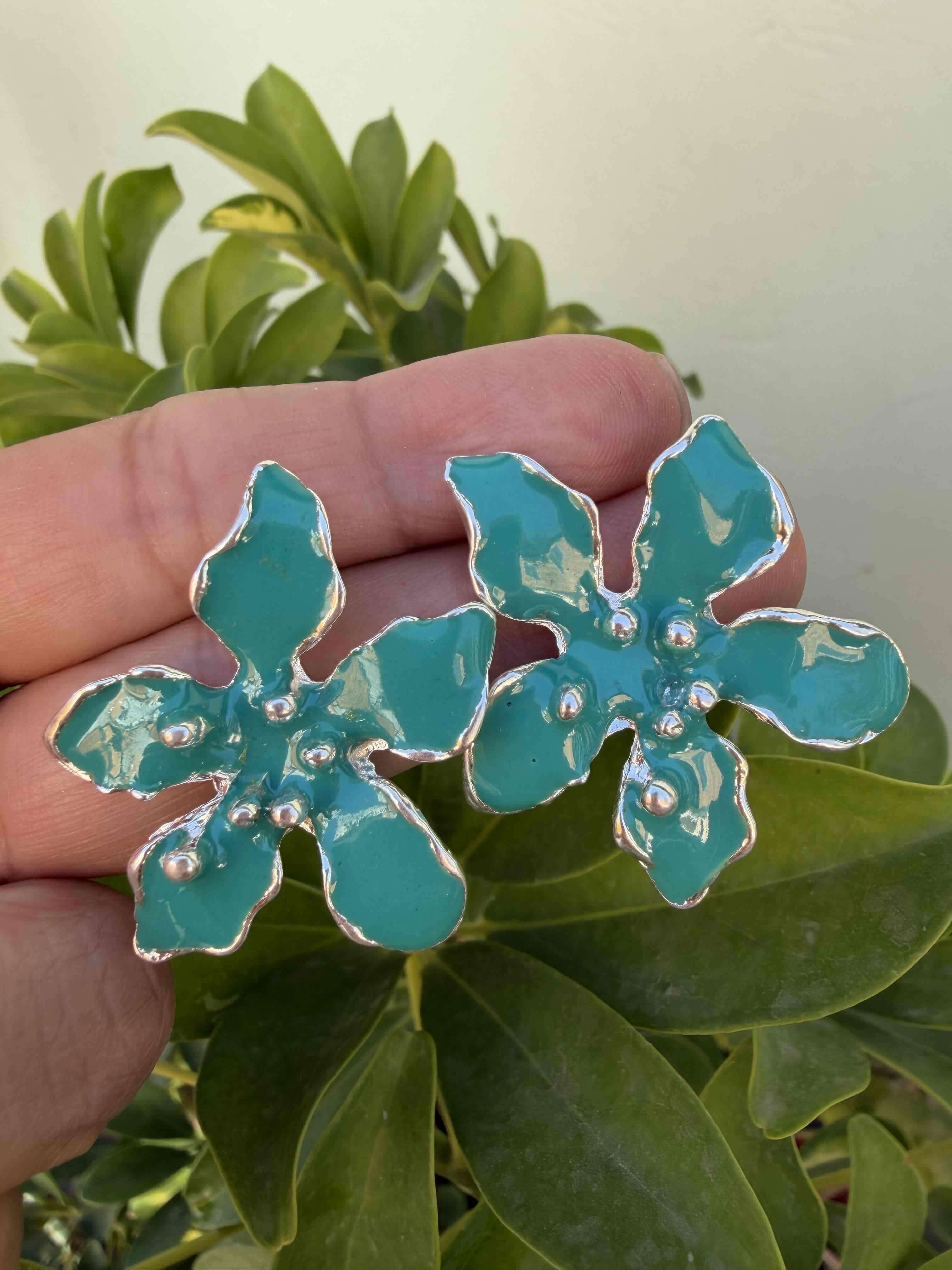 Aros flor azul turquesa peltre esmaltado - 2