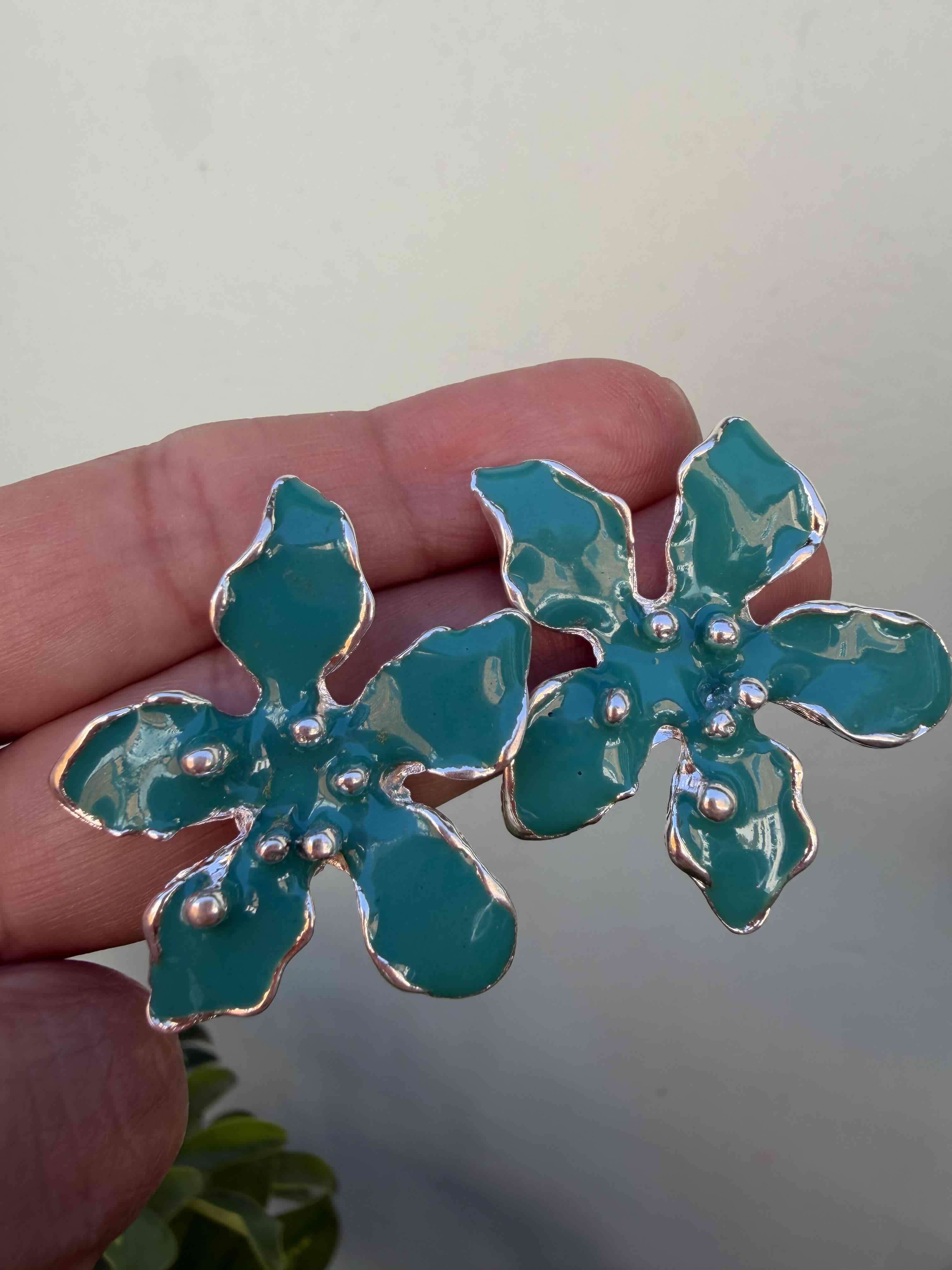 Aros flor azul turquesa peltre esmaltado - 3