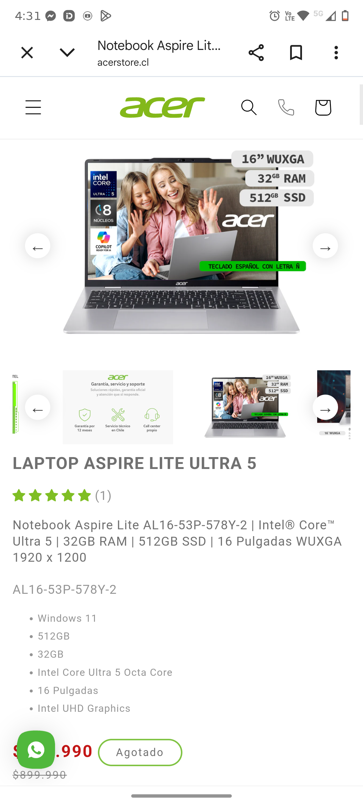 Laptop Acer Aspire Lite Ultra 5 - miniatura 1