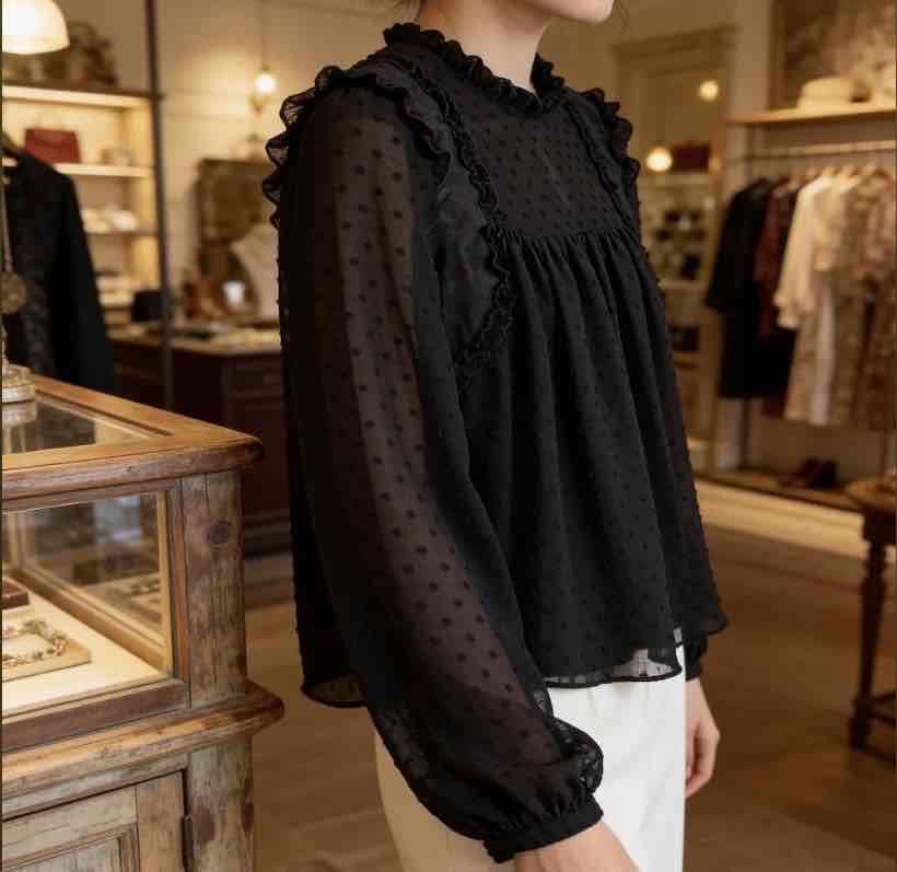 Blusa Negra Romántica Zara Volantes Moda Otoño - miniatura 2