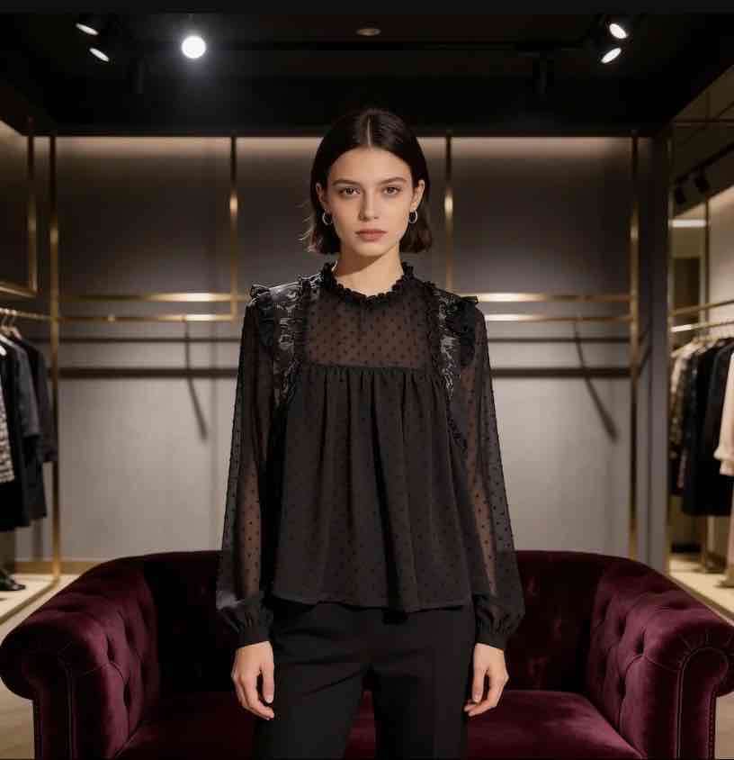 Blusa Negra Romántica Zara Volantes Moda Otoño - miniatura 4