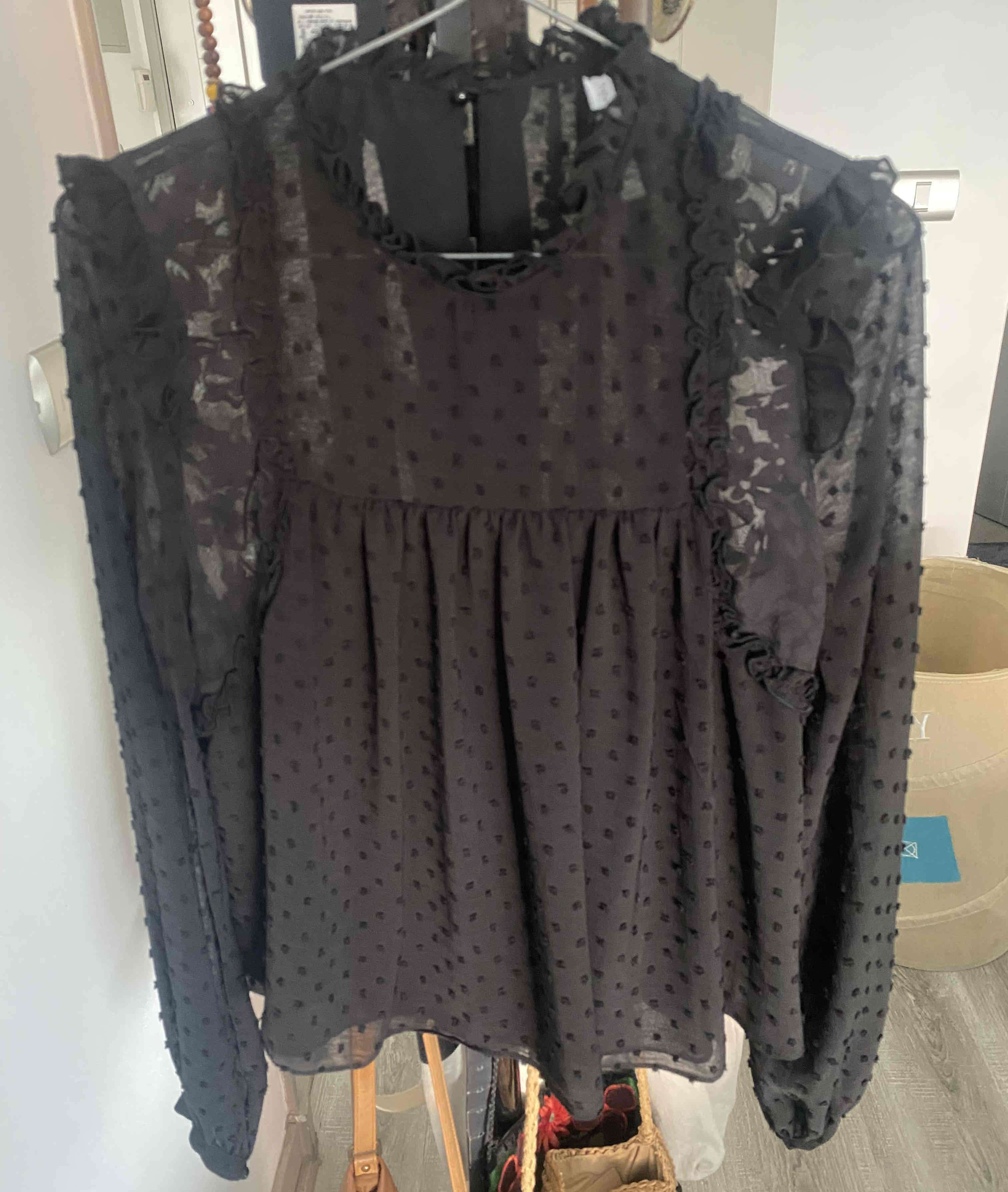 Blusa Negra Romántica Zara Volantes Moda Otoño - miniatura 5