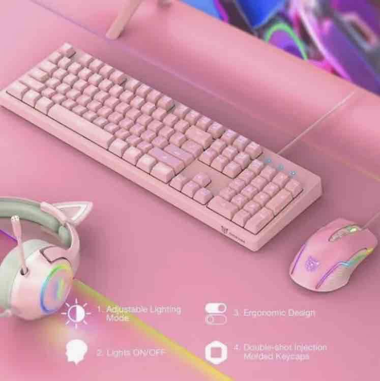 Teclado y ratón gamer rosa Onikuma - miniatura 1
