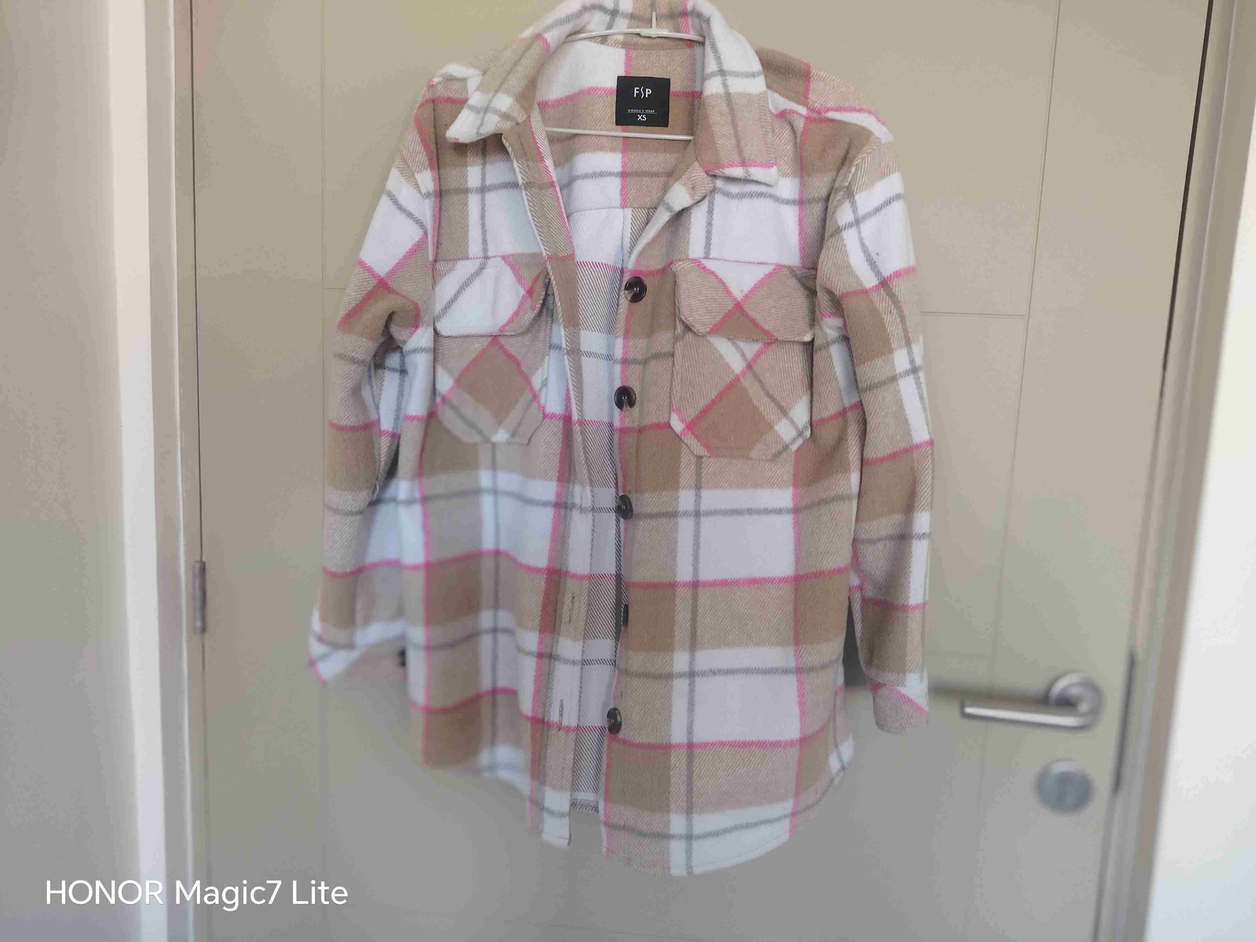 Chaqueta larga a cuadros beige - 1