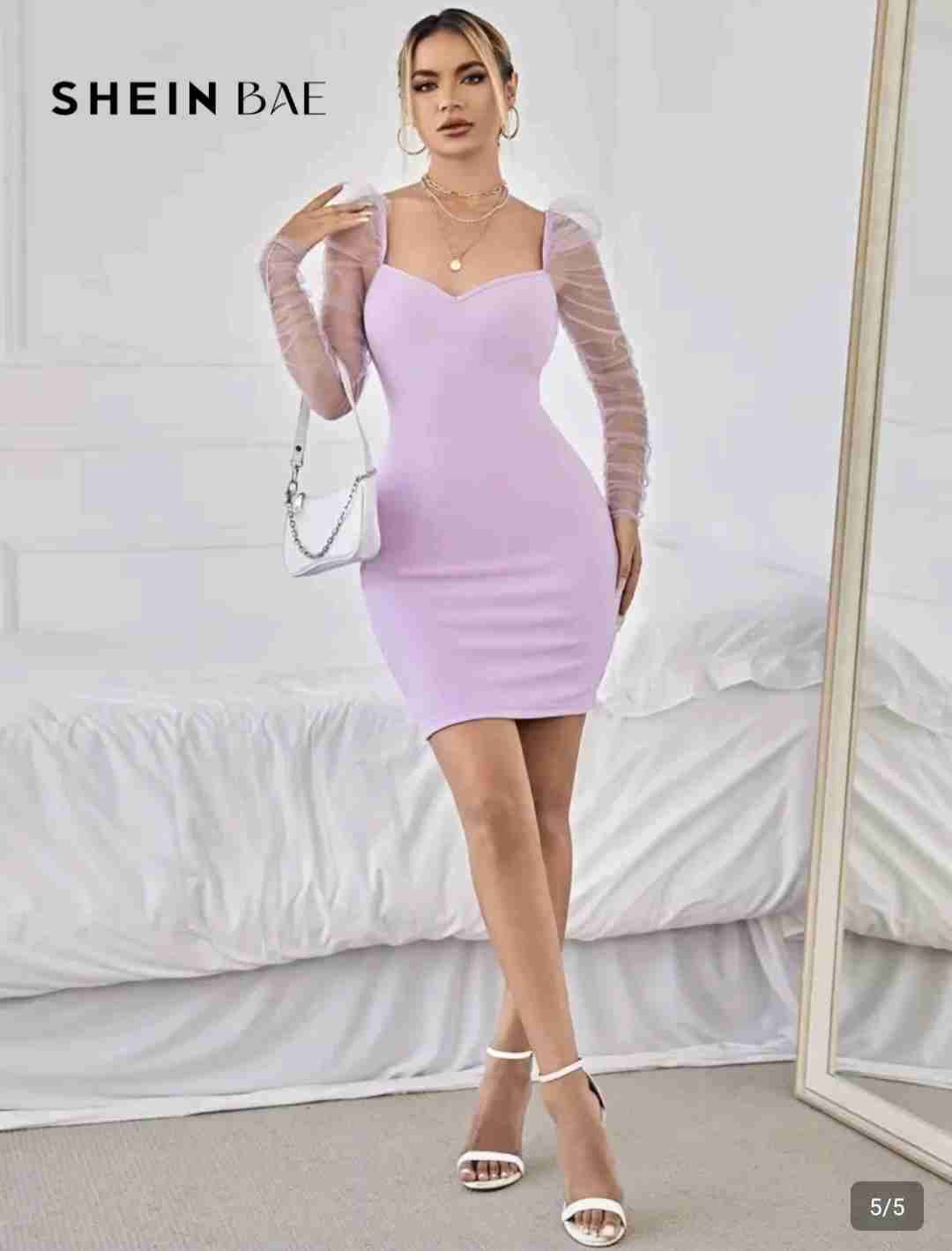 Vestido lila con mangas de malla - miniatura 2