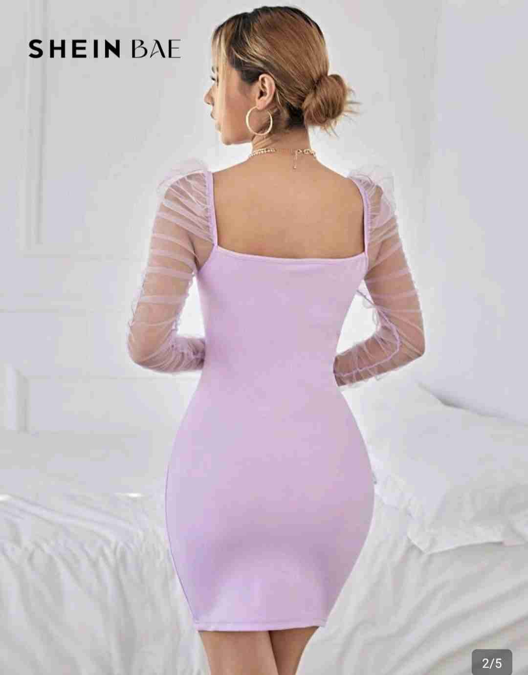 Vestido lila con mangas de malla - miniatura 5