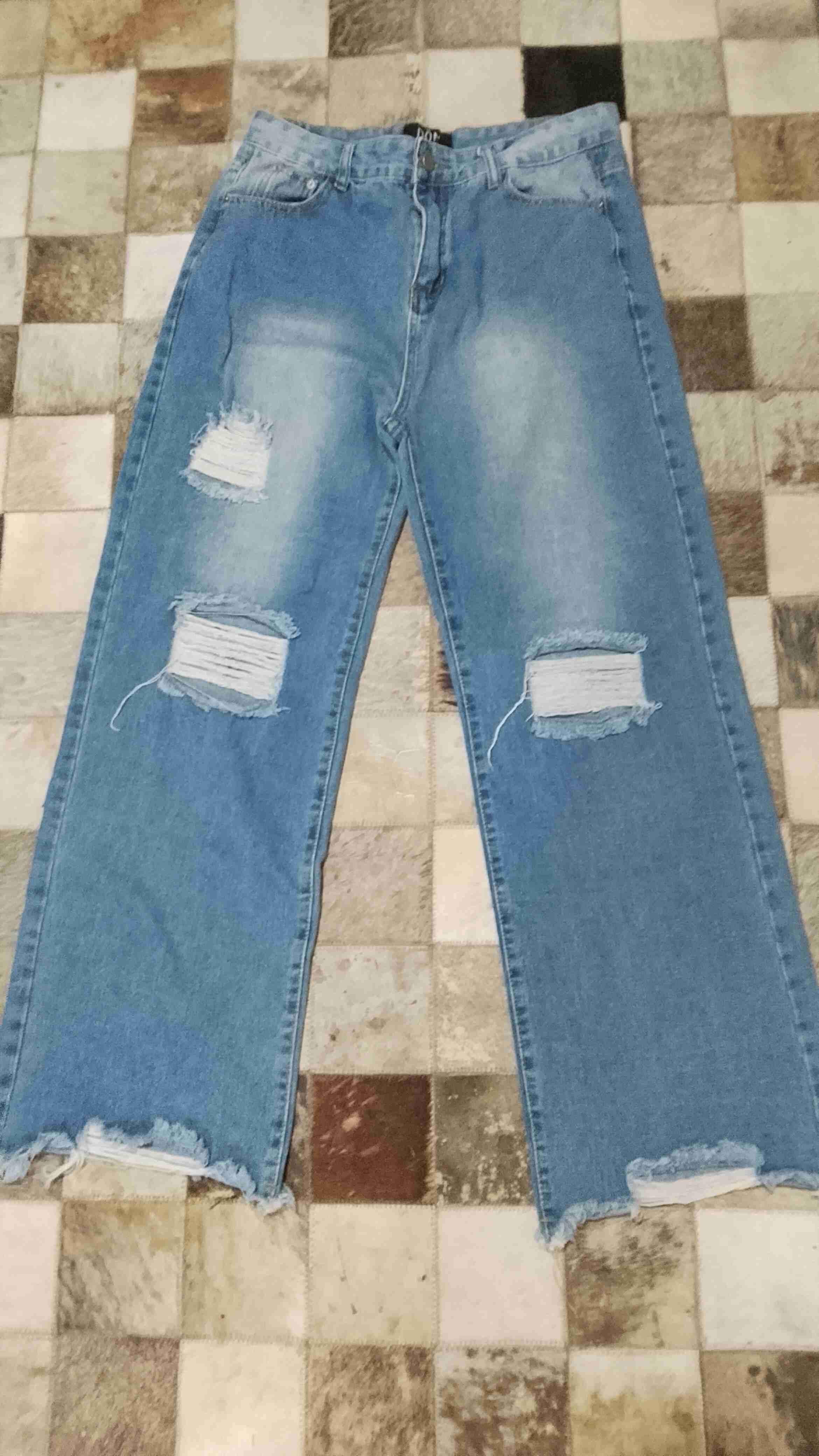 Jeans rectos azules rasgados - miniatura 1