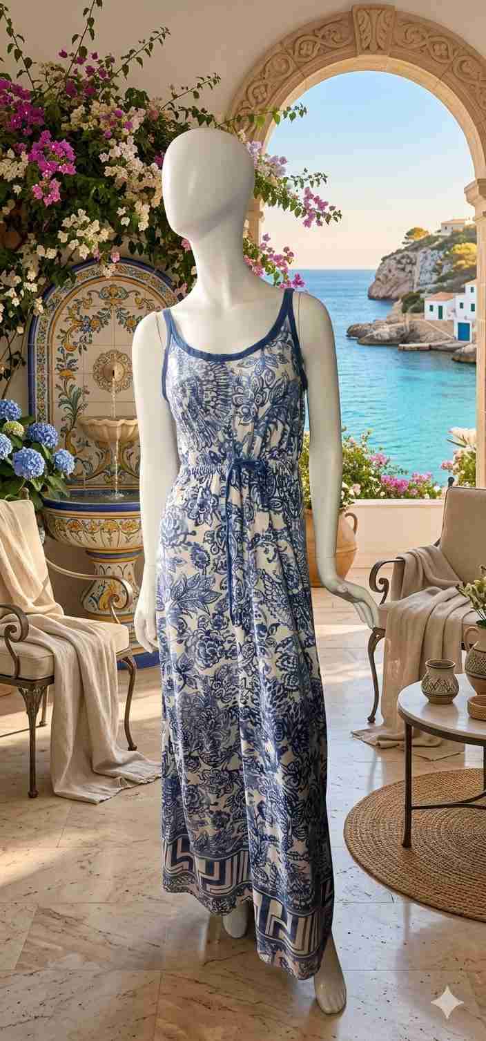 Vestido largo azul con estampado