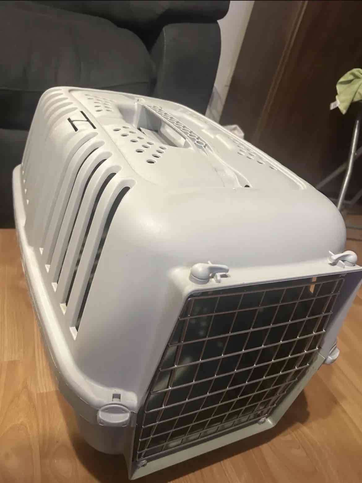 Transportadora de mascotas gris y verde