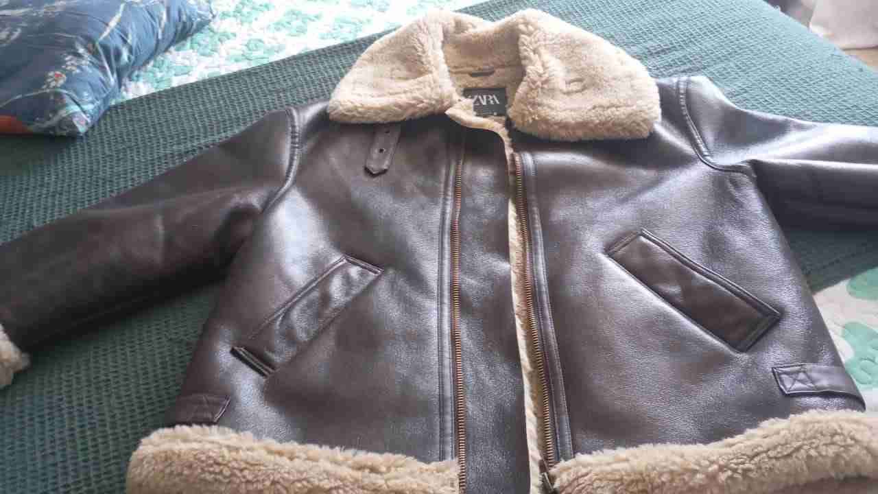 Chaqueta de cuero marrón con forro - miniatura 1